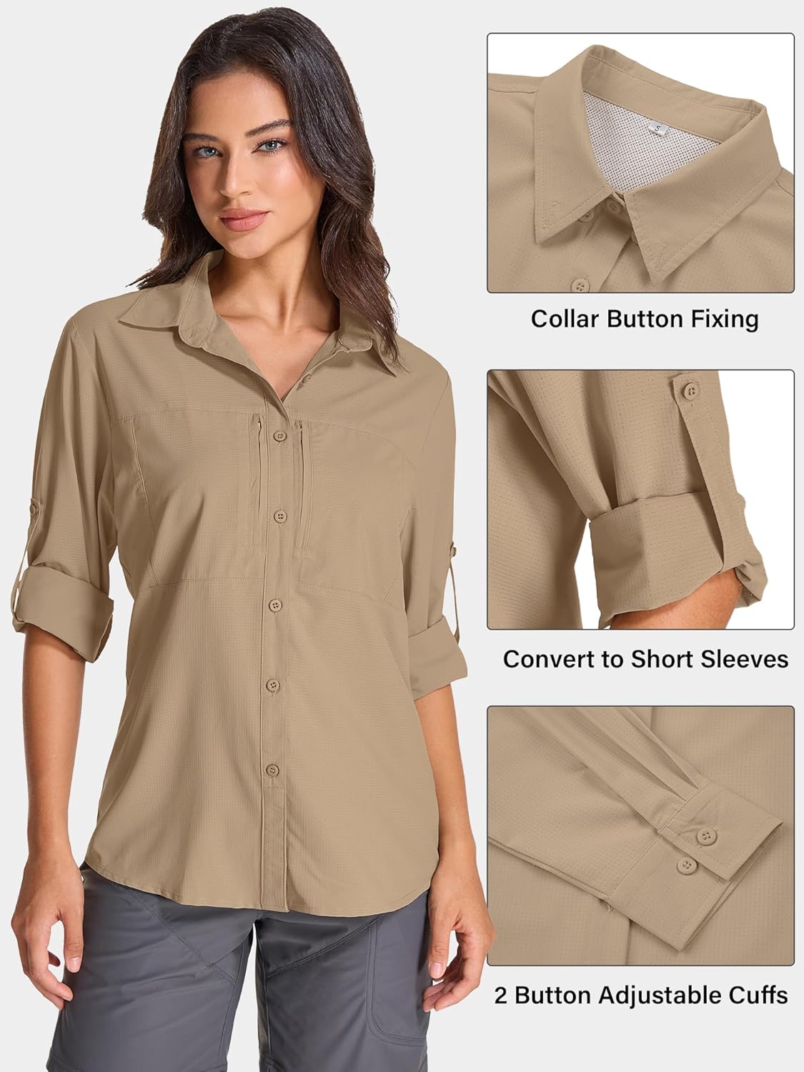 Womens UPF 50 Long Sleeve Sun Shirt Safari Hiking Quick Dry UV Protection Button Up Travel Shirt for Fishing Gardening Africa - Image 4