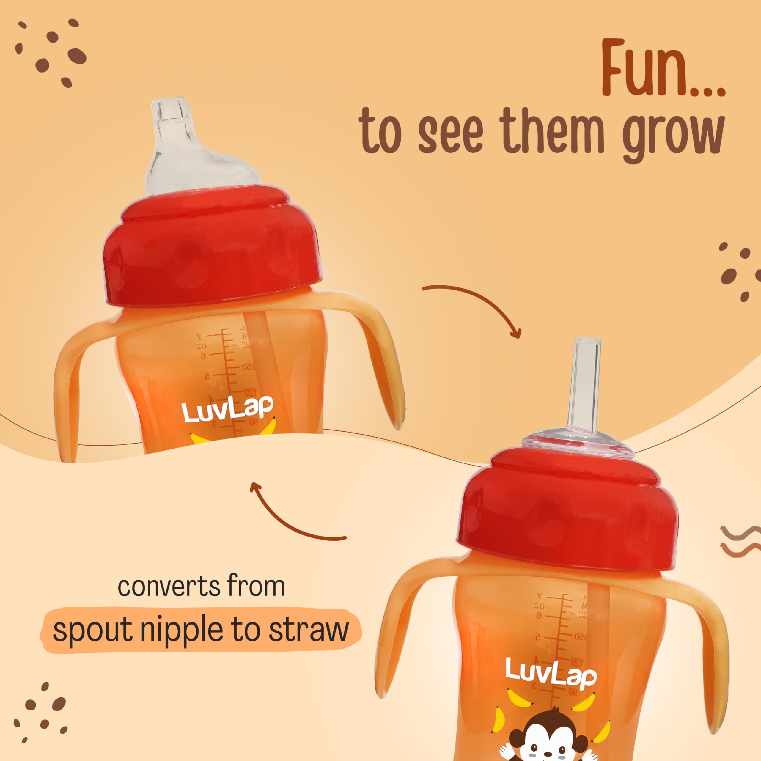 LuvLap Banana Time 210ml Anti Spill, Interchangeable Sipper / Sippy Cup with Soft Silicone Spout and Straw BPA Free for Kids 1 year+ (Orange) 2
