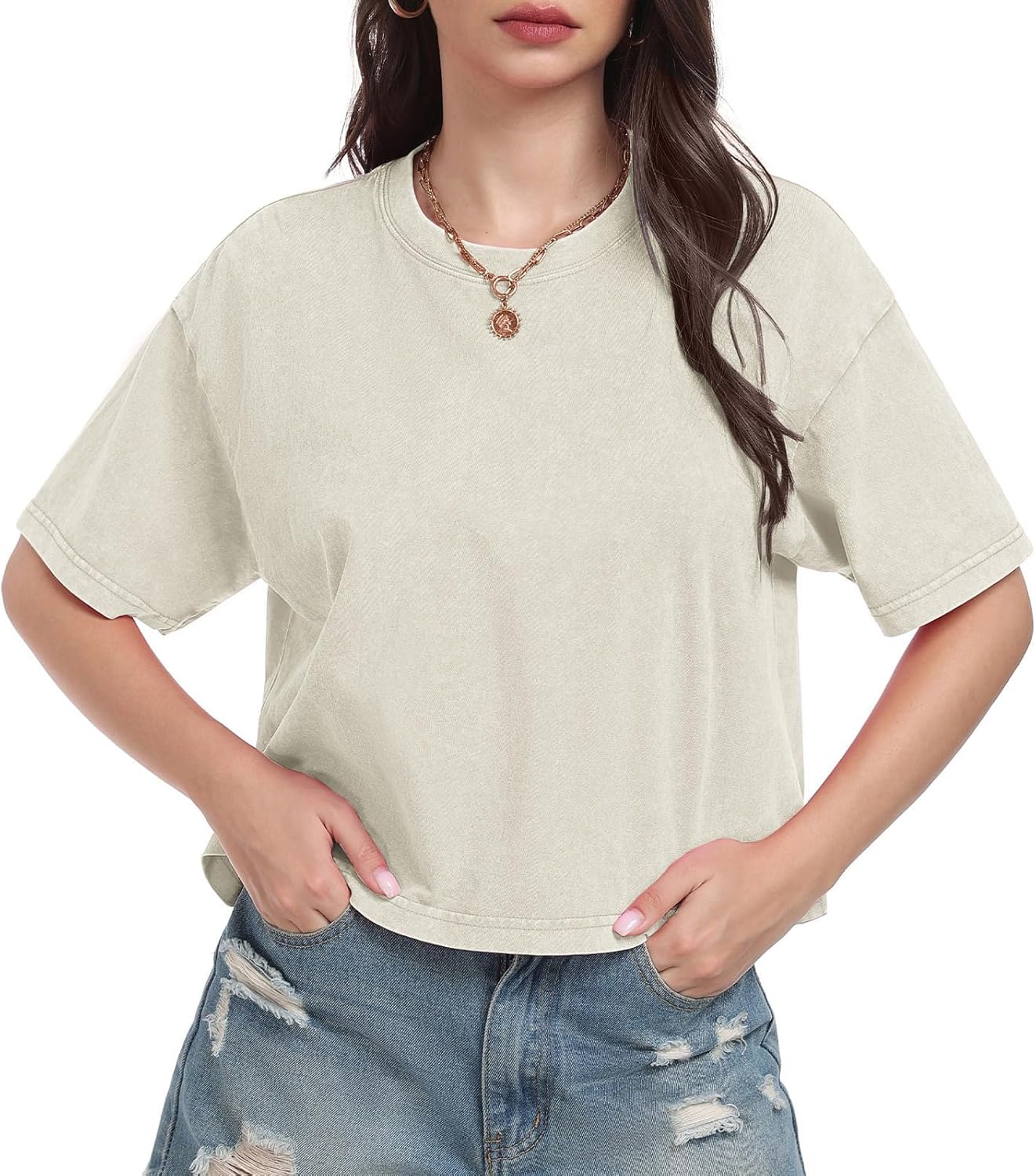 Womens Crop Tops Acid Wash Short Sleeve T-Shirts Casual Round Neck Basic Tees Baggy Summer Shirts