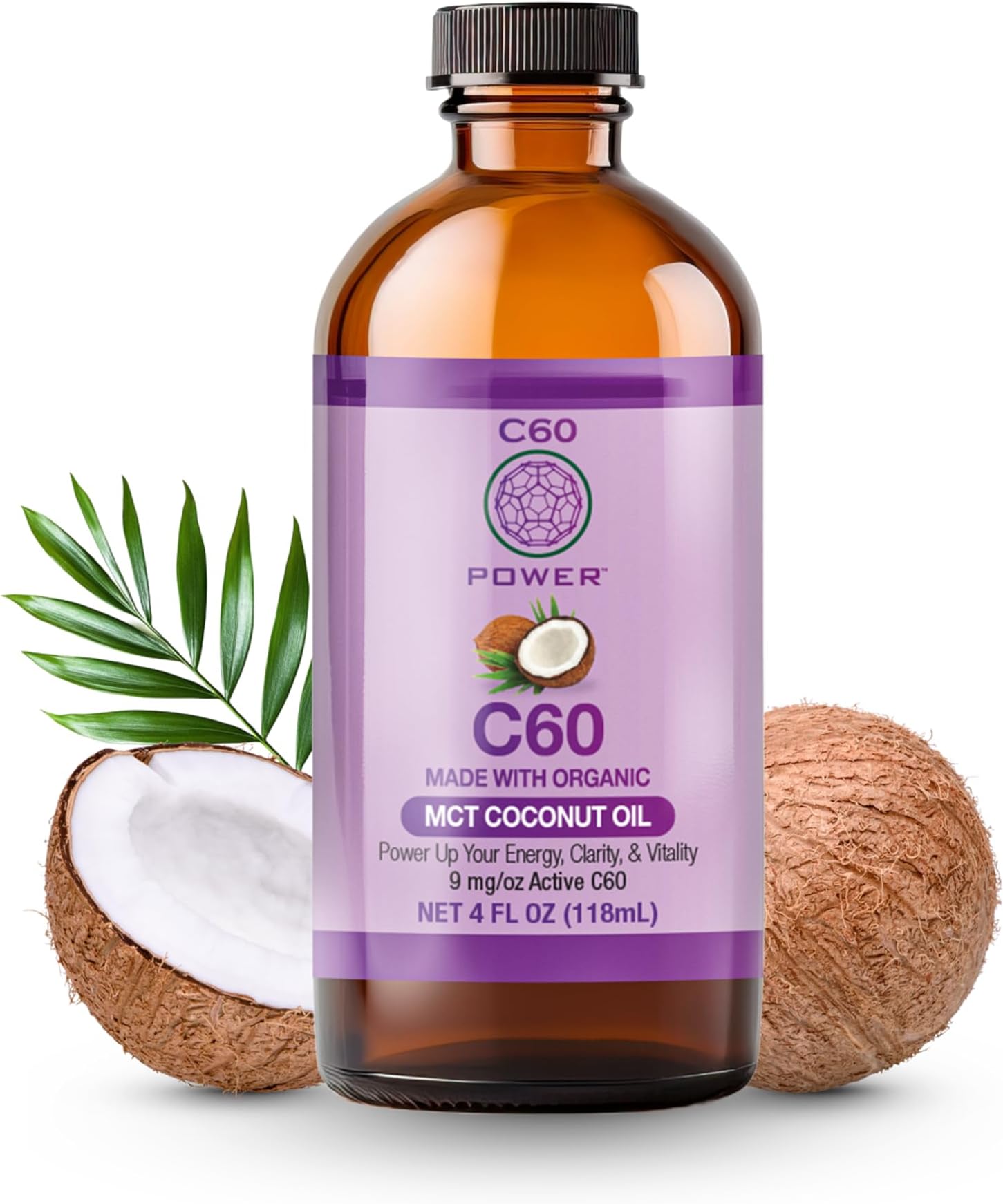 C60 Purple Power C60 In Organic Mct Coconut Oil - Natural Wellness & Antioxidant Support For Men & Women, 99.99% Pure Carbon Fullerenes, Promotes Energy, Mental Clarity, & Stamina - 4 Fl Oz Bottle