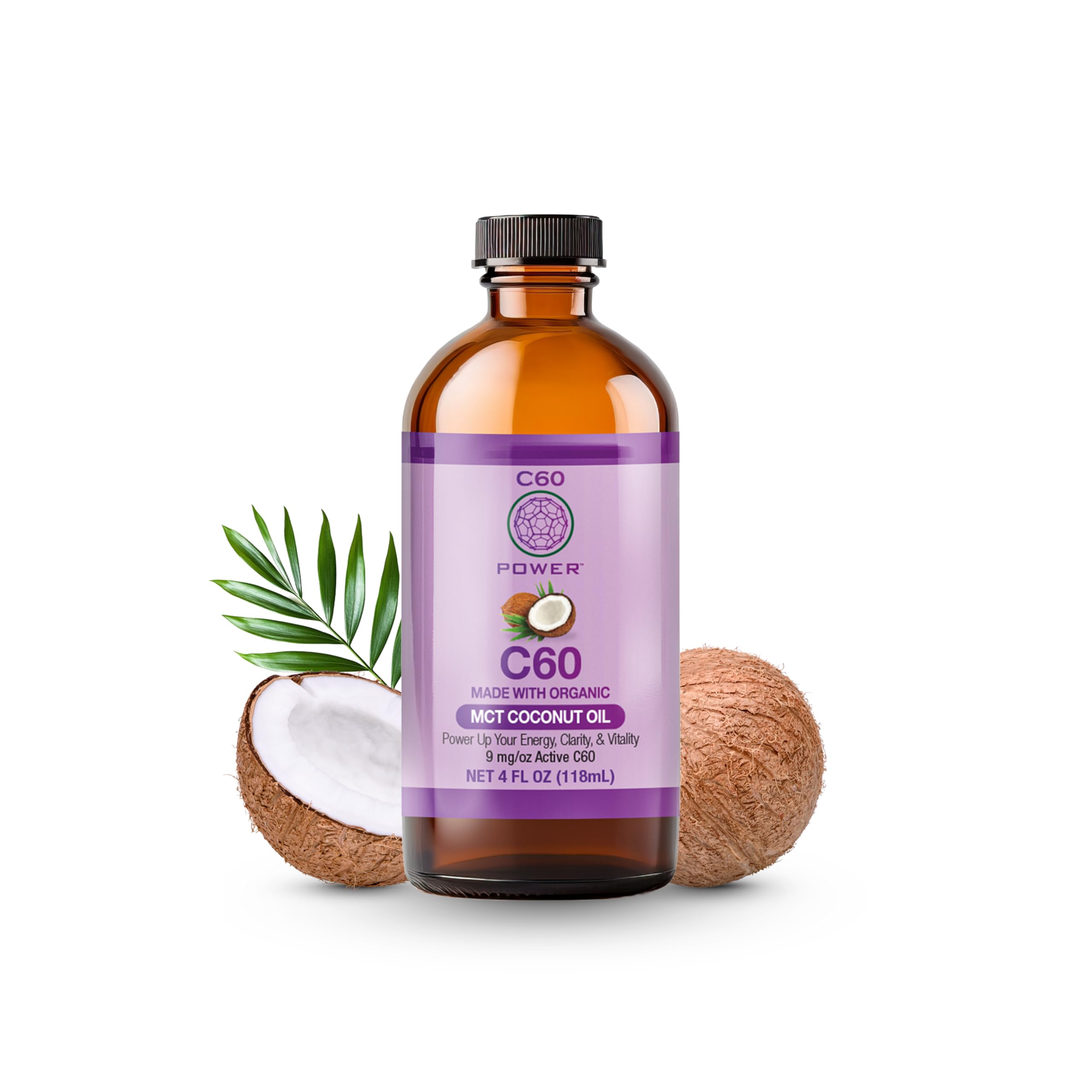 C60 Power C60 in Organic MCT Coconut Oil - Natural Wellness Support for Men & Women, 99.99% Pure Carbon Fullerenes, Promotes Energy, Mental Clarity, & Stamina - 4 fl oz Bottle