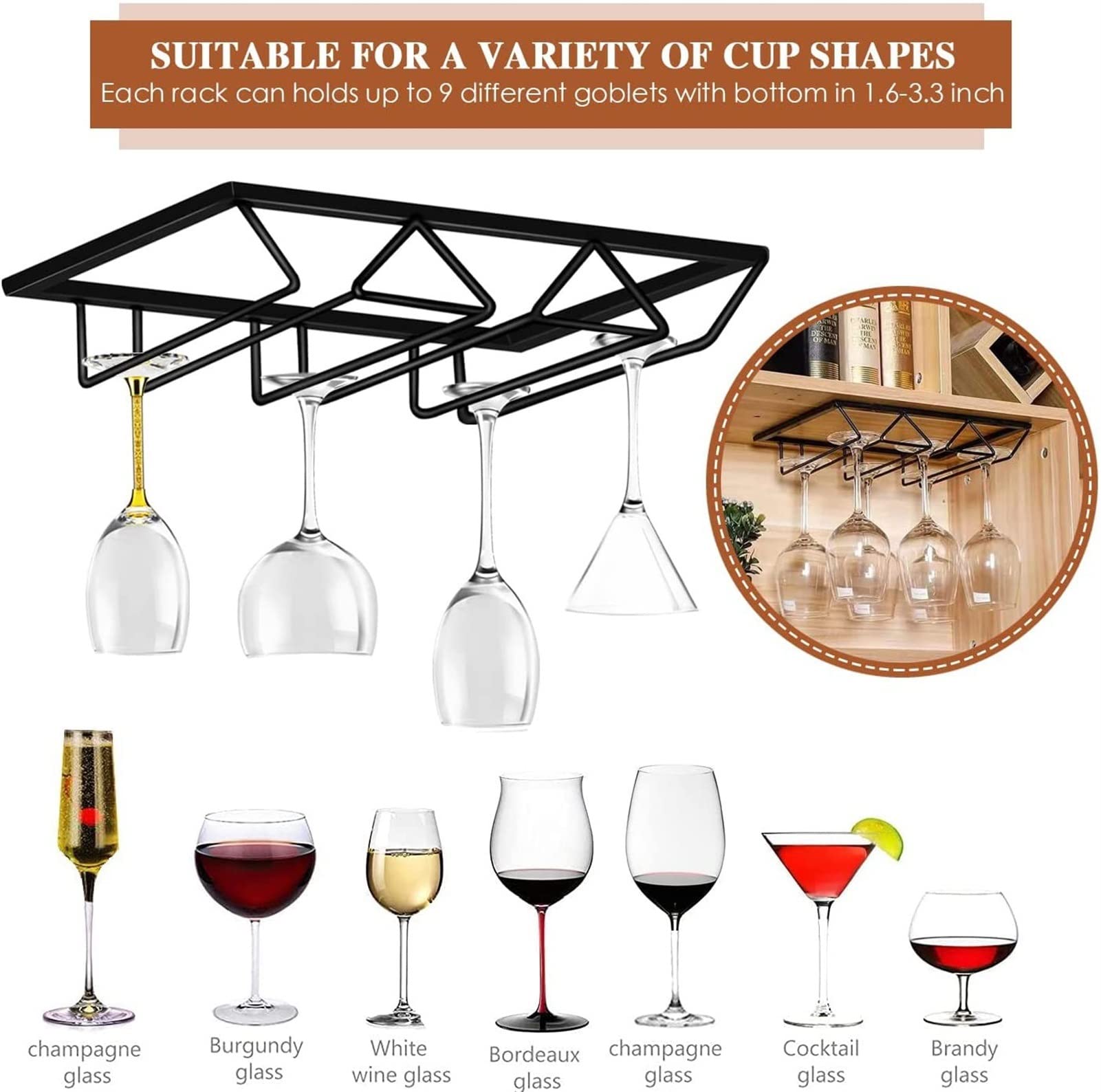 Meiiron 2pcs Porte-Verres à vin Support de Verres à Pied, Supports muraux à Monter au Mur, Support de Verres à vin Bricolage sous Armoire for Cuisine, Salle à Manger, Bar