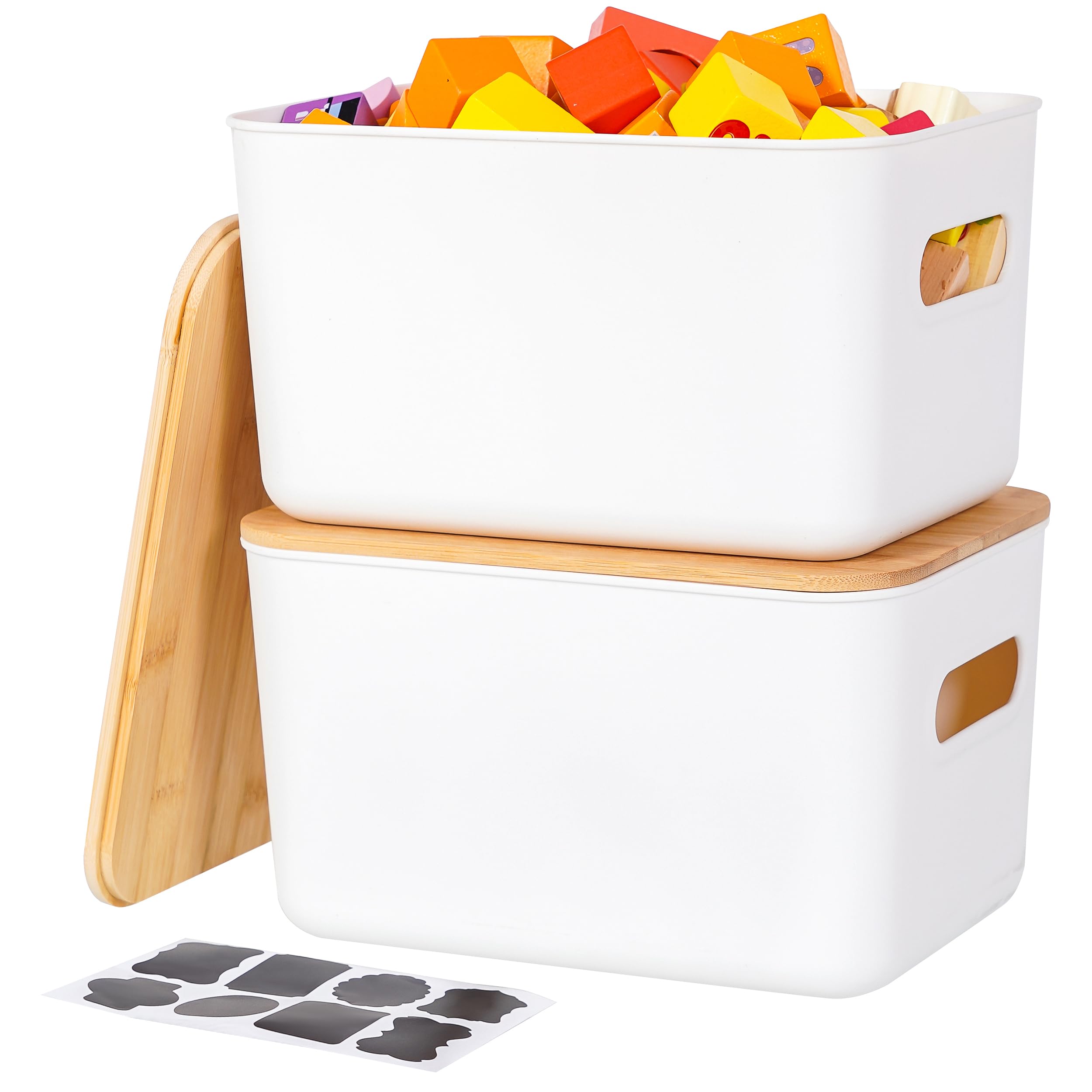 Citylife 2 Packs Plastic Storage Bins with Bamboo lids Stackable Storage Containers for Organizing, Bundled with Labels and Marker 10.24 x 7.01 x 6.1 inch