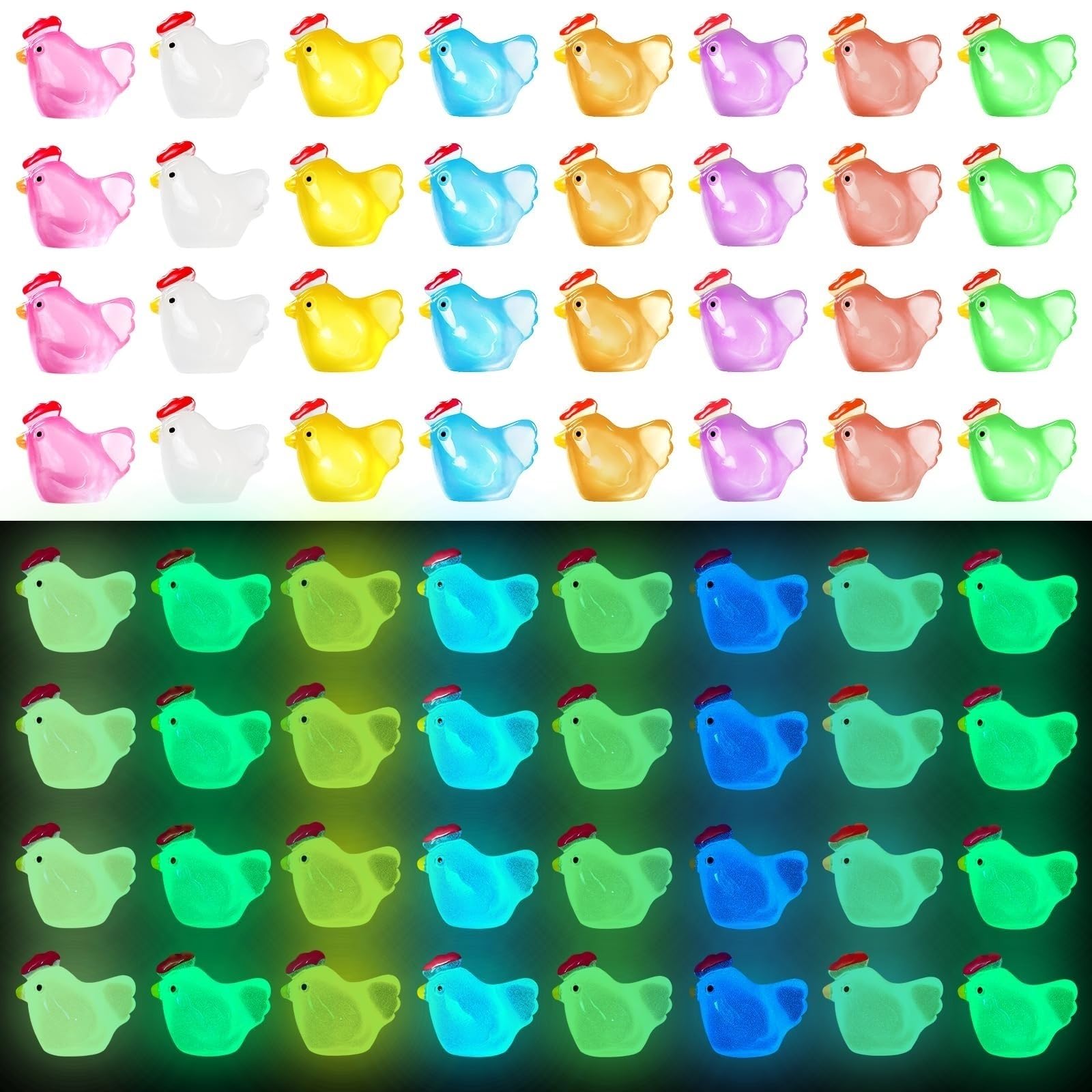 THE WHITE SHOP Luminous Mini Resin Chicken 8 Colors Little Chicken Figures Glow in The Dark Tiny Animals to Hide Small Chicken for Dollhouse Decor Micro Fairy Garden Landscape Aquarium Toys(14PCS)