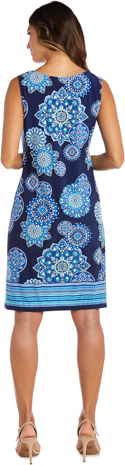 R&M Richards Women's 2-Piece Knee-Length Printed Tank Dress W/Solid 3/4 Sleeve Flyaway Jacket - Slip-On Style