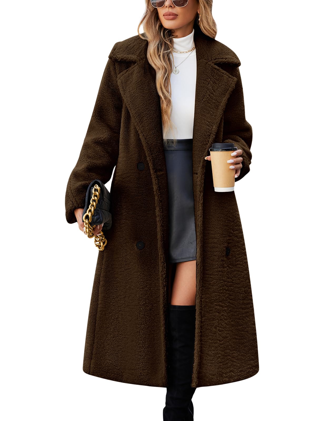 Yusongirl Women Fleece Long Coat Sherpa Cardigan Lapel Trench Jacket Oversized Button Faux Fur Fall Winter Outfit with