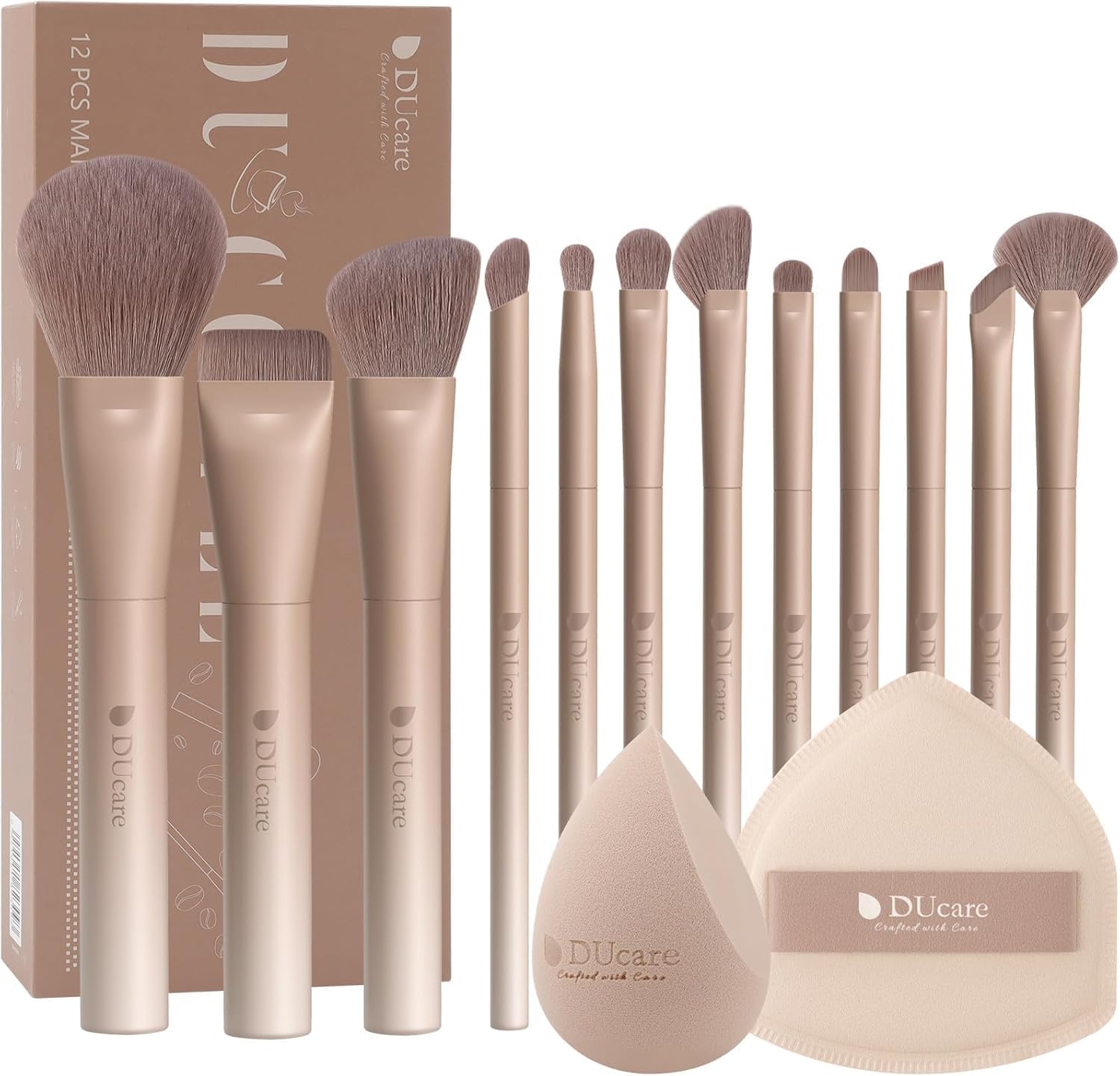 DUcare Makeup Brush Set of 12 with Cushion Puff Sponge Wood Handle Lacquer