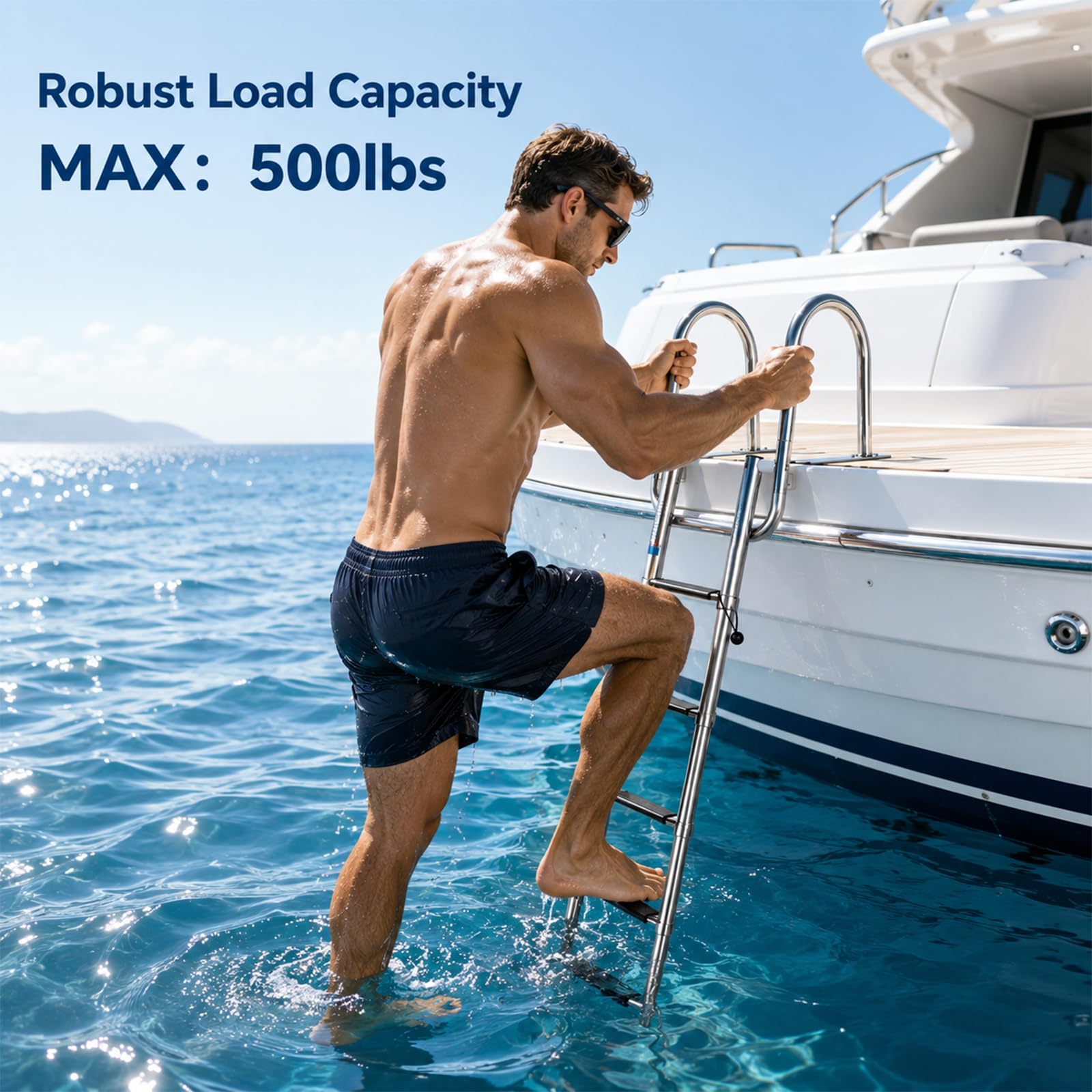 Scaletta per Piscina con 4 Gradini in Acciaio Inox, Scaletta da Barca Pieghevole e Telescopica con Corrimano e Gradini Antiscivolo, per Yacht, Pontone, Molo e Dock, Portata fino a 227kg（S）