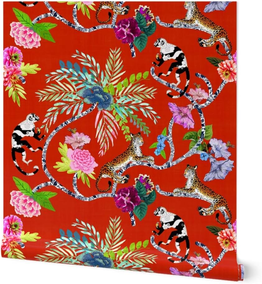 Spoonflower Peel & Stick Wallpaper 3ft x 2ft - Red Chinoiserie Bright Tropical Monkey Leopard Vintage Style Custom Removable Wallpaper