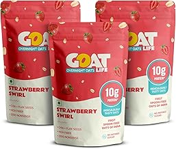 GOAT Life Overnight Oats (60g) | 10g Protein | High Fibre | Nutrient-Rich | No Sugar | Supports Weight Management & Muscle Recovery | Instant Breakfast (Pack of 3, Strawberry Swirl)