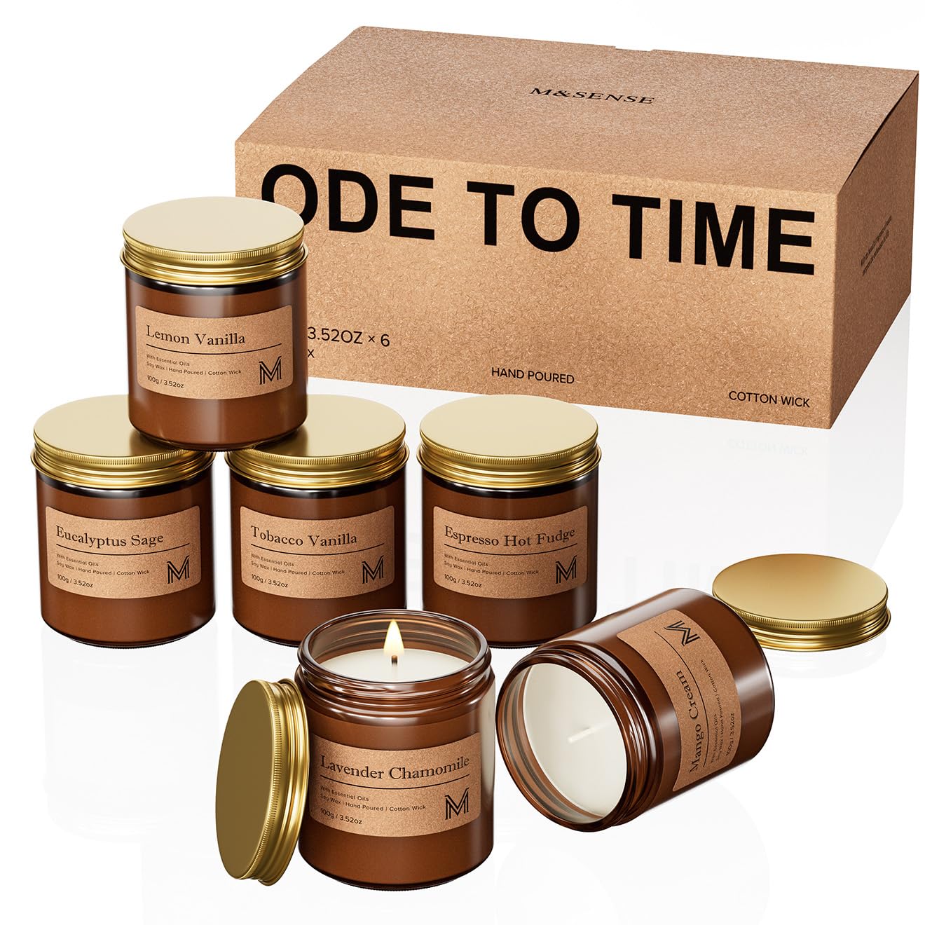 M&Sense Women's Lavender Chamomile, Eucalyptus Sage, Tobacco Vanilla, Espresso Hot Fudge, Lemon Vanilla, Mango Cream Scented Candles Gifts For 6X100g Natural Soy Wax Candles Long Burning, Tobacco Vanilla,Eucalyptus,Lavender,Lemon,Mango,Espresso Candle Gift Set For Birthday Christmas Wedding