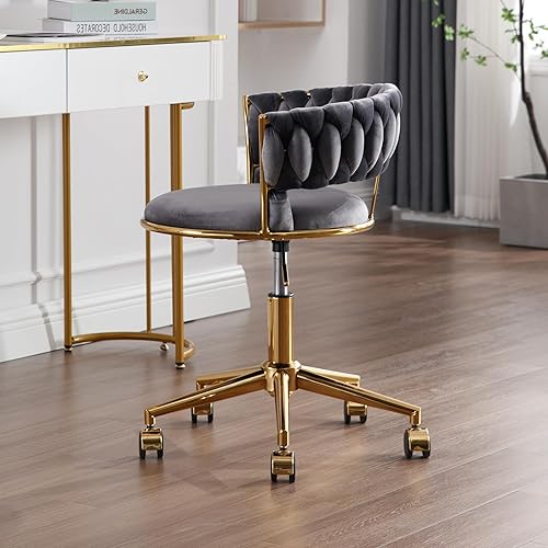 Miniatura 9 de GOOLON Silla de escritorio de terciopelo, moderna silla de oficina con ruedas, sillón giratorio para el hogar con respaldo tejido, asiento cómodo de