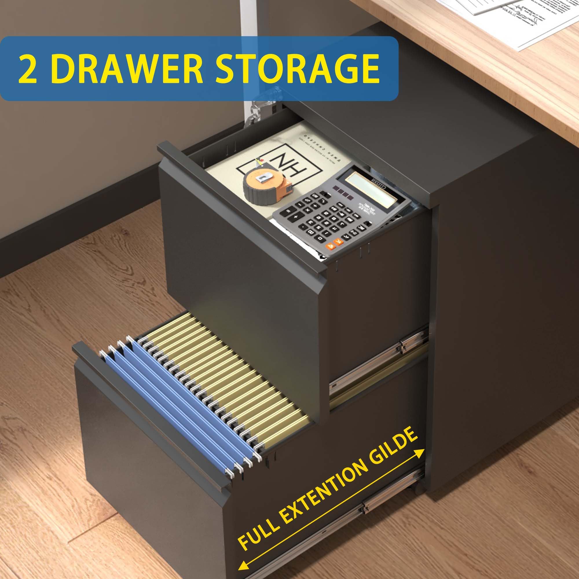 Aktenschrank aus Metall mit 2 Schubladen & Schloss - Platzsparende Rollaufbewahrung für Recht/Briefe/A4 Akten Büro Einfache Montage (Räder nicht enthalten)