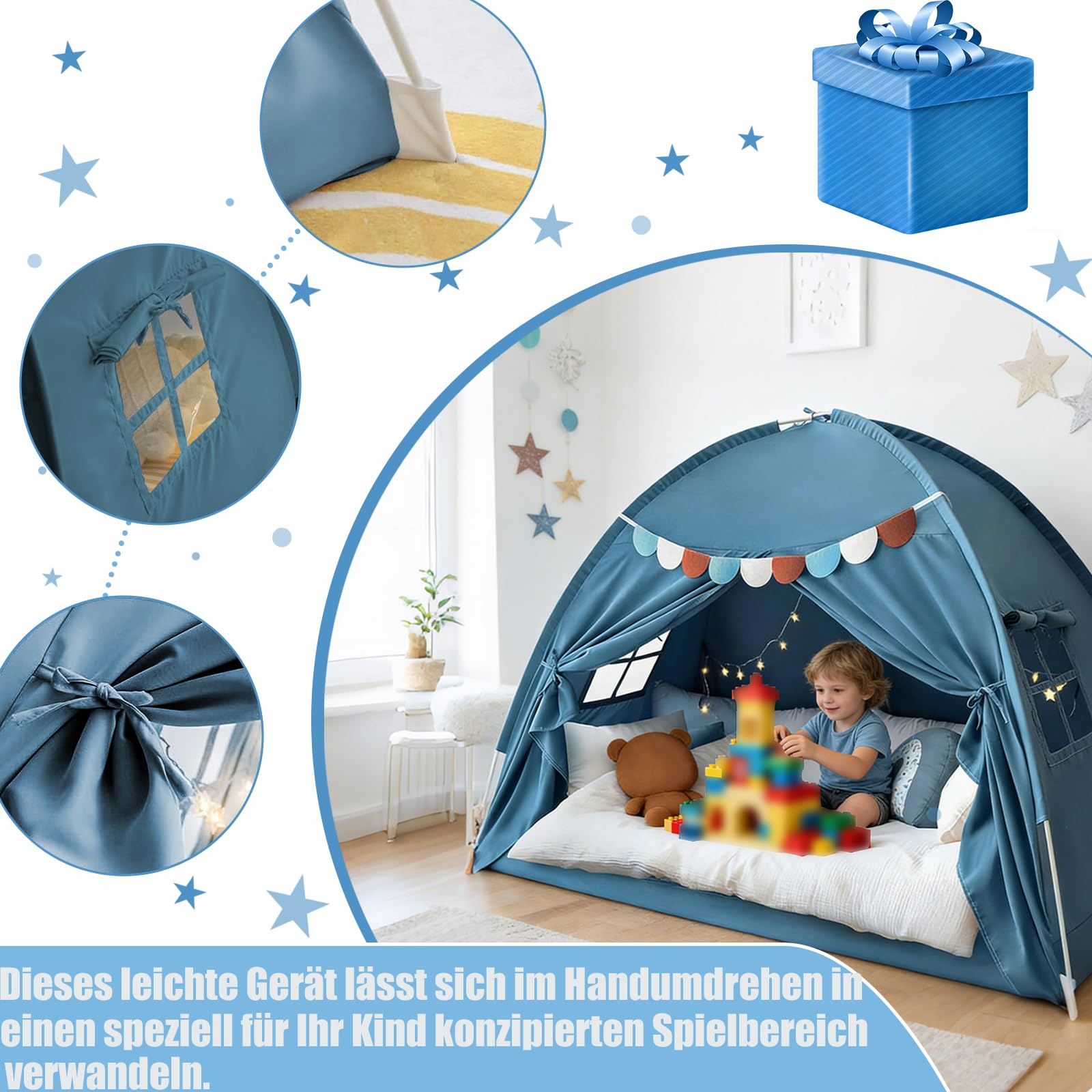 Kinderzelt Indoor,Zelt Kinderzimmer Mits Buntens Fahnen,Tipi Zelt für Kinder,Spielzelt Kinder Indoor,Faltbars Spiels Haus für Gartens Campings (G-Blau-[194x98x120cm])