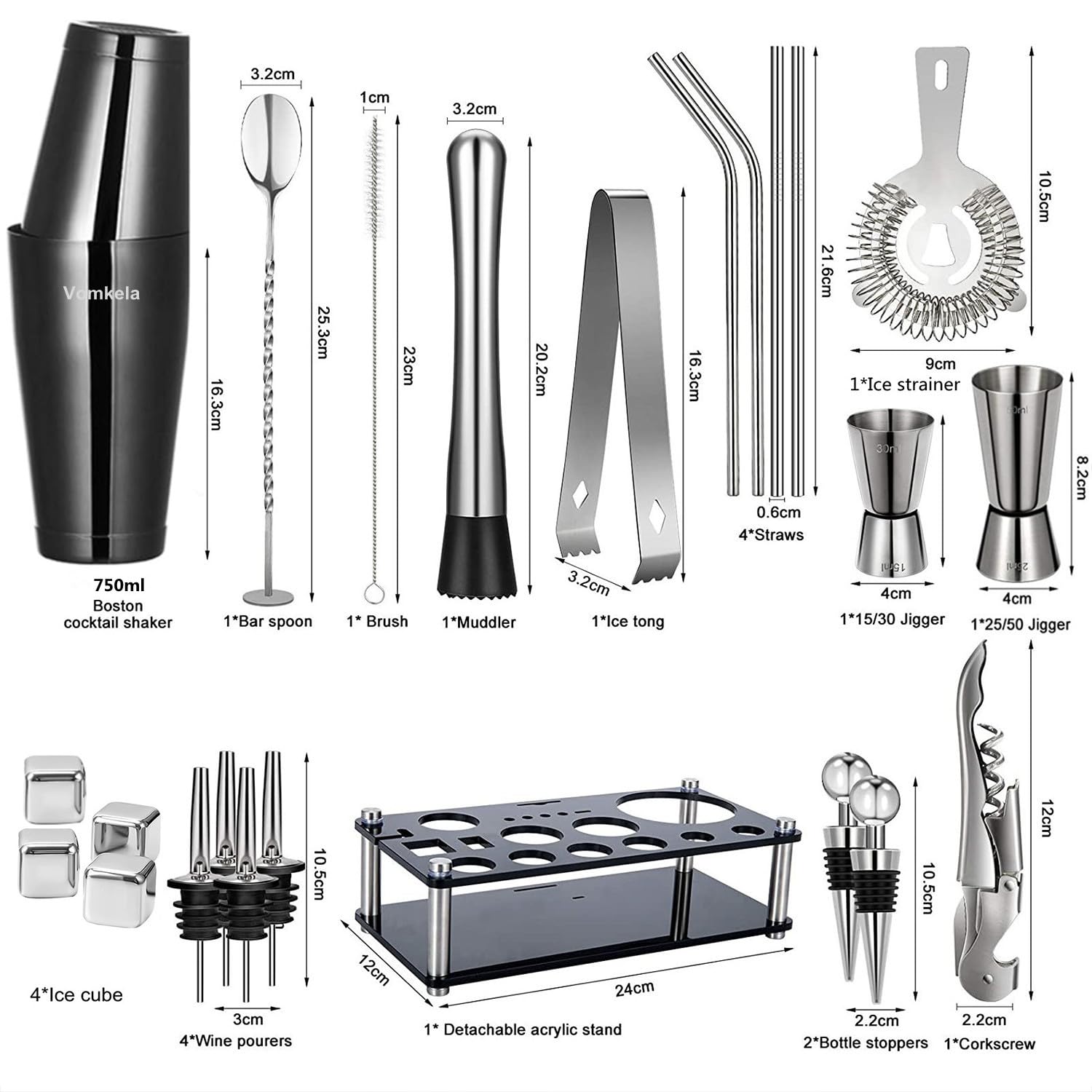 Juego de coctelera Boston, coctelera con soporte, 25 accesorios de bar, accesorios para barman, cócteles, accesorios de 750 ml, acero inoxidable, decoración de bar, vertedor de bebidas alcohólicas