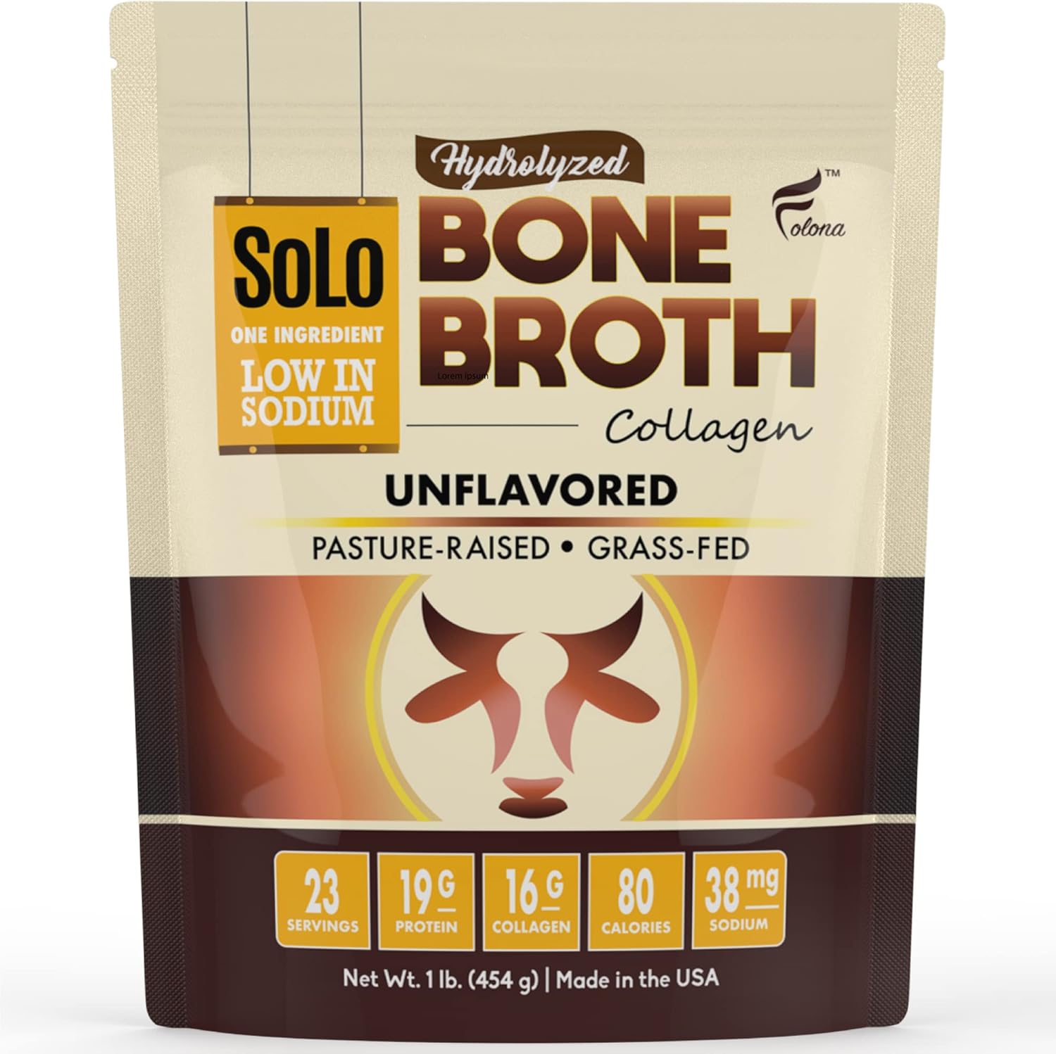 Solo Bone Broth Protein Collagen Powder Low Sodium, 16g Hydrolyzed Collagen Type I & III, for Healthy Skin, Nails, Hair, Joints & Digestion, Grass Fed, 1 lb (Bag – Net Wt. 1 lb. Powder)