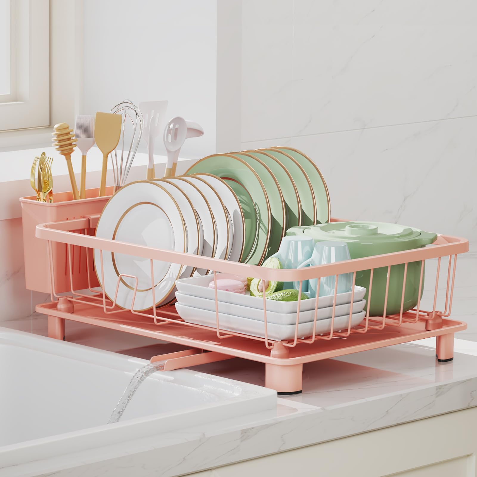Nfnoyp Dish Drainer Rack - Space-Saving Dish Rack,Dish Racks for Kitchen Counter with Drip Tray,Multi-Functional Dish Drying Rack with Utensil Holder,Pink — image 1