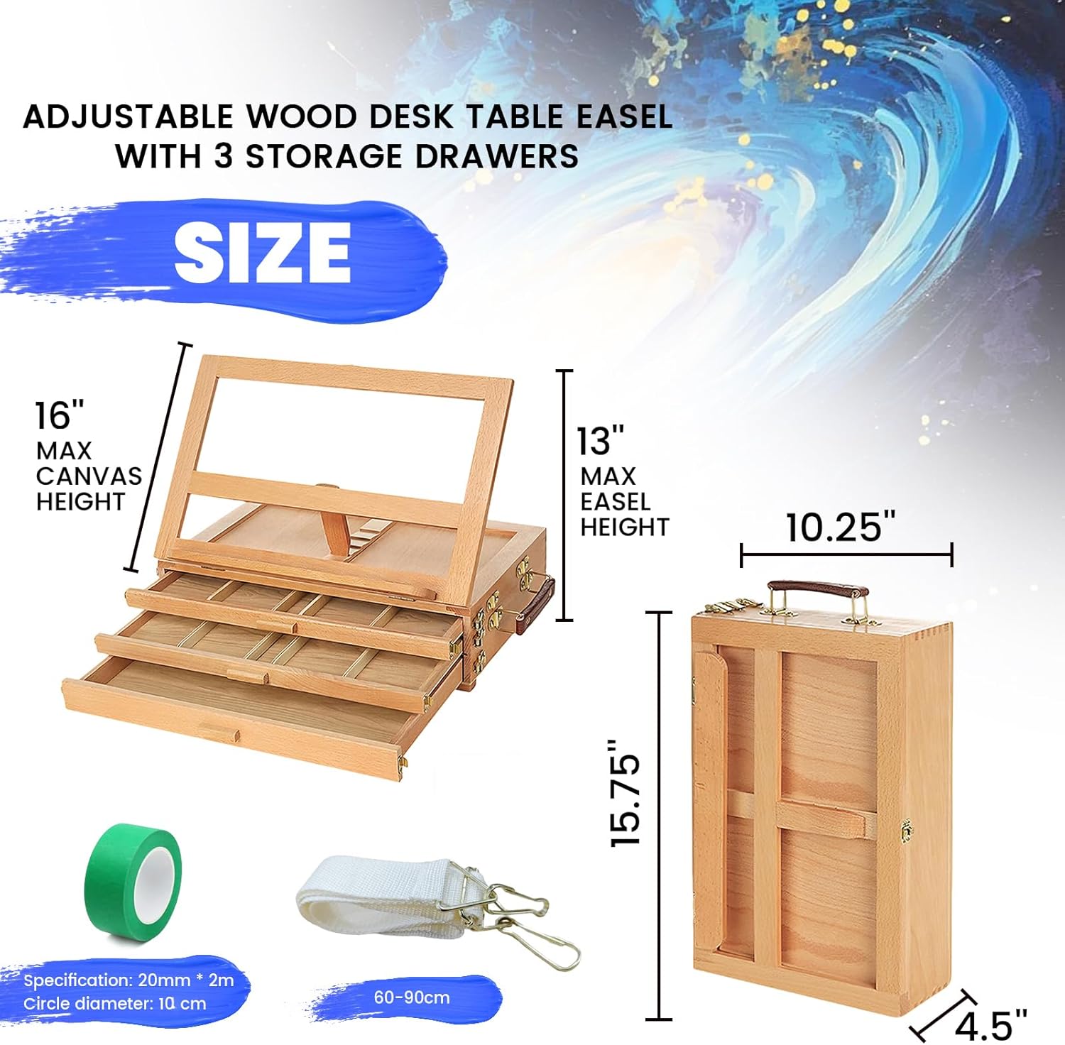 Tabletop Easel for painting with Storage, Wooden Artist Box Easel with 3 Drawers, Adjustable Desk Easel for Painting, Beechwood Art Supply Organizer with Handle & Strap for Adults Artists (Beech Wood)