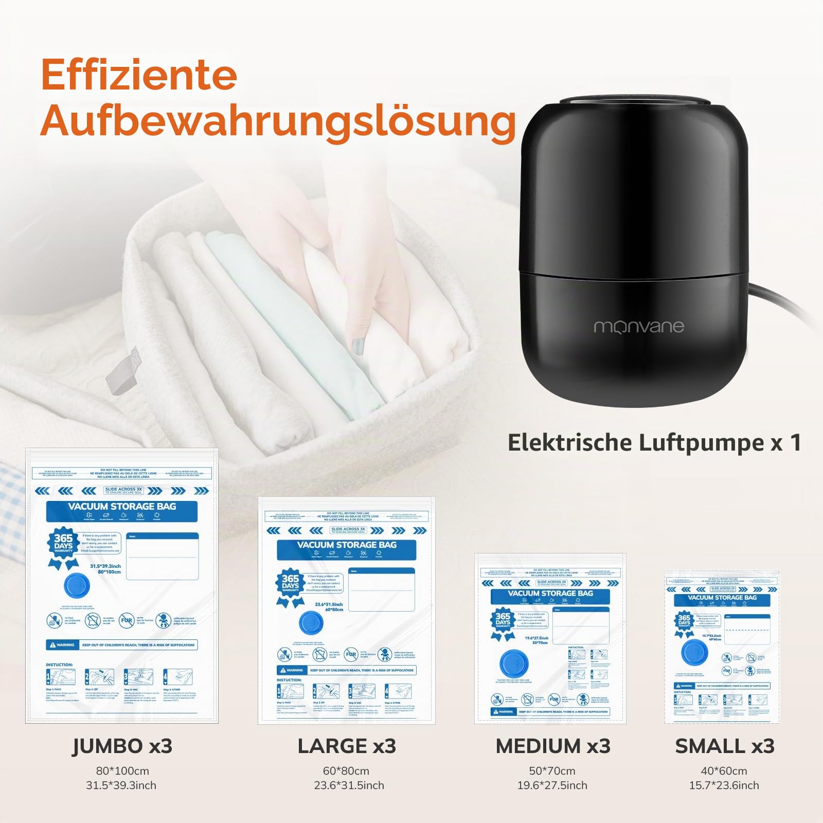Vakuumbeutel für Kleidung mit elektrischer Pumpe, MONVANE Vakuum Bags 12 Stück（3*80*100cm + 3*60*80cm + 3*50*70cm + 3*40*60cm)— Vakuumbeutel für Reisen, Bettdecken, Decken, Kissen, Bettwäsche