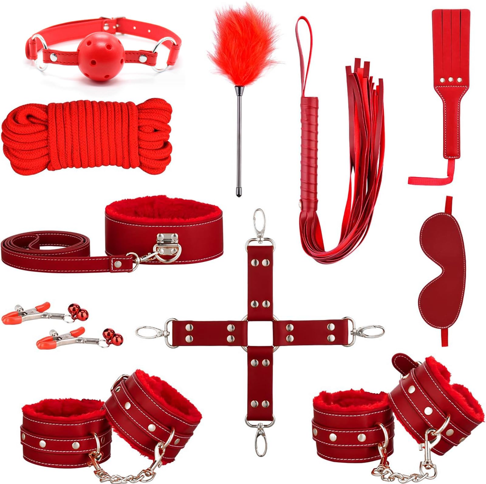 Sex Bondage Restraints Kit, 11 PCS Bondage Set Couples Sex Toys with Adjustable Ankle, Thigh Sex Cuffs & Handcuffs, Thick Leather Material BDSM Toys Restraints Sex Things for Couples Kinky (Red) - Red