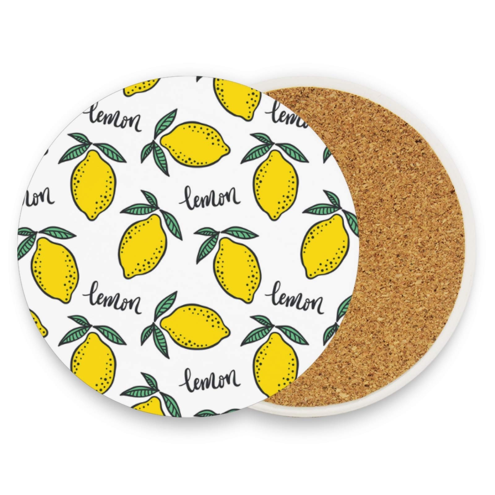 Hand Drawn Yellow Lemons Green Leaves Seamless on White Set of 2 Ceramic Coaster for Drinks, Stone Coasters Holder with Cork Base, Oversize Cup Mat Pad for Kinds of Mugs, Housewarming Gifts