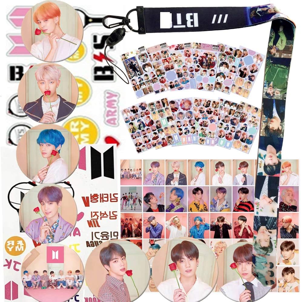 BTS Bangtan Gifts Set for Army - 40PCS LOMO Card Set | 12 Sheets BTS Stickers | 8 Pack BTS Button Pin |1 Pcs BTS Neck Lanyard |1 Pcs BTS Pop Socket | 1PCS Tattoo Stickers | 1PCS 3D Sticker