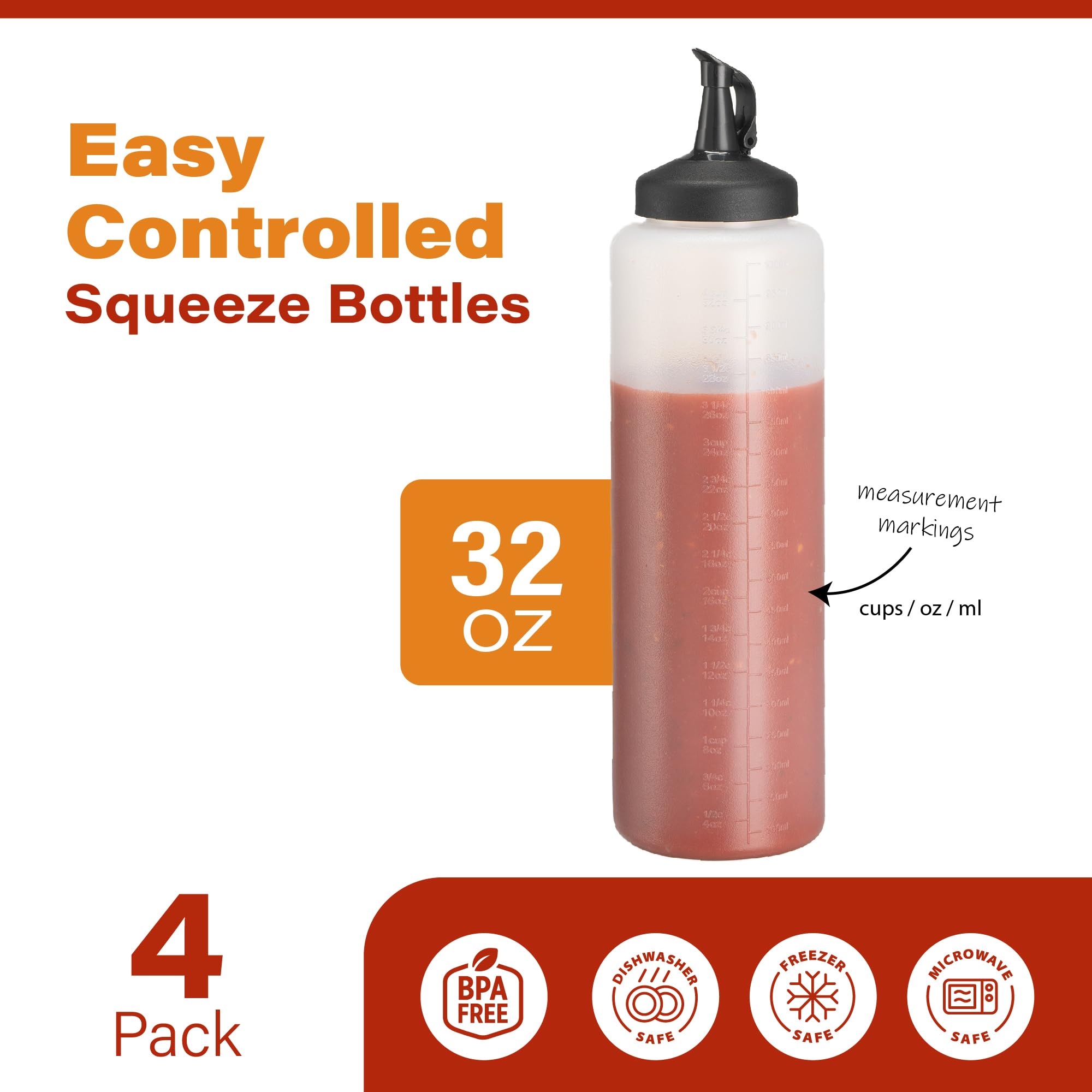 MIGHTY STRONG Paquete de 4 botellas exprimibles de condimentos de 32 onzas, botellas de salsa fáciles de verter con tapa a prueba de fugas, botellas de plástico para salsas, botellas de condimentos,