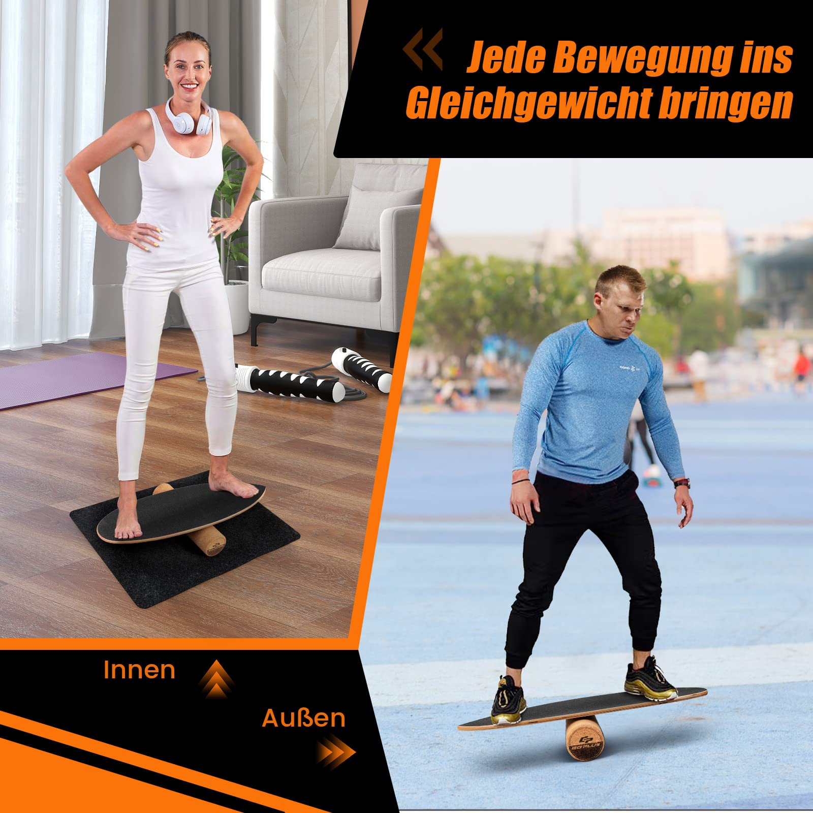 COSTWAY Deska do balansowania z drewna, deska do balansowania, do domu, w zestawie z rolką korkową, deska balansowa z 8 wysokiej jakości warstw drewna
