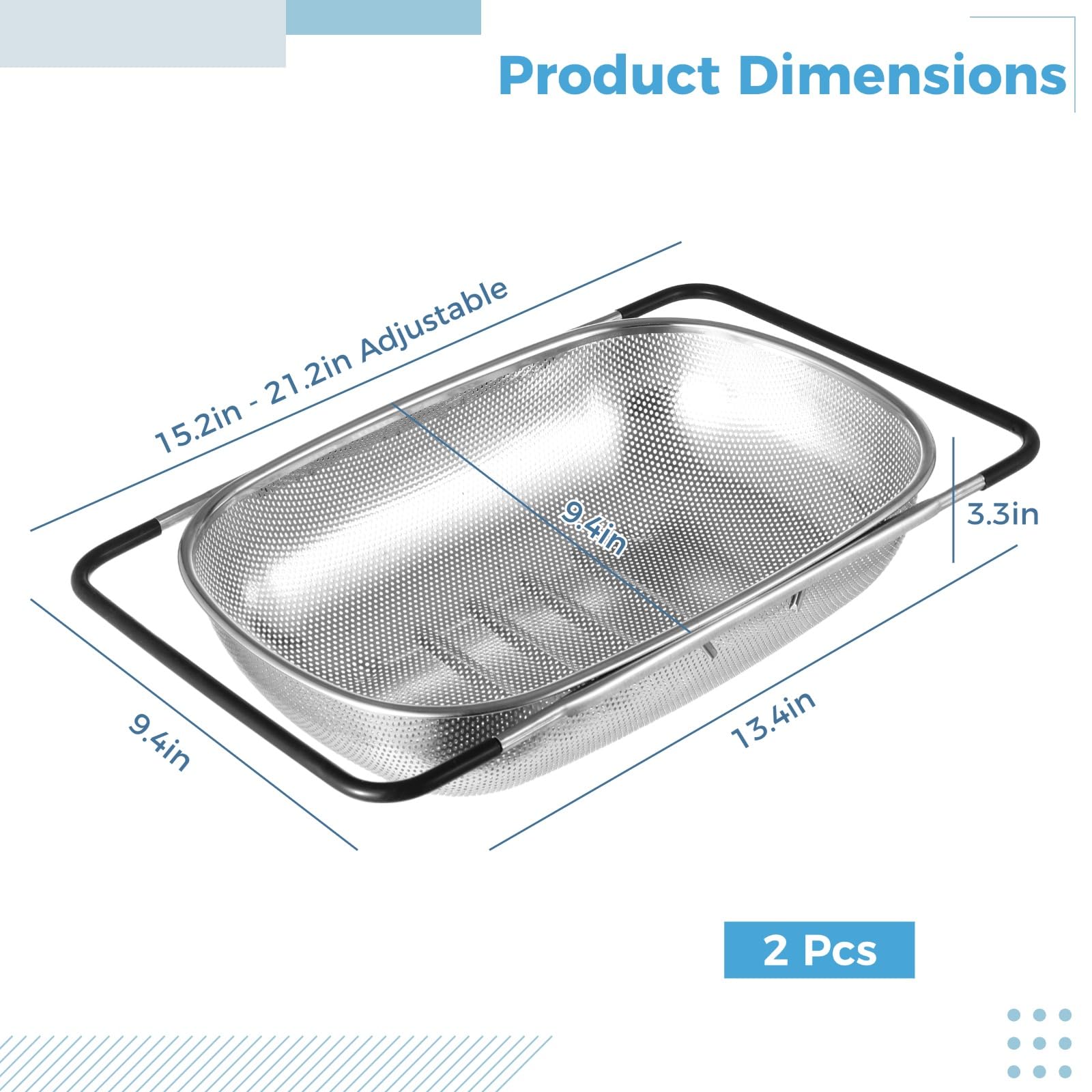 2 coladores sobre el fregadero, coladores y coladores para fregadero de cocina con asas expandibles, colador de acero inoxidable, colador de pasta y verduras y frutas