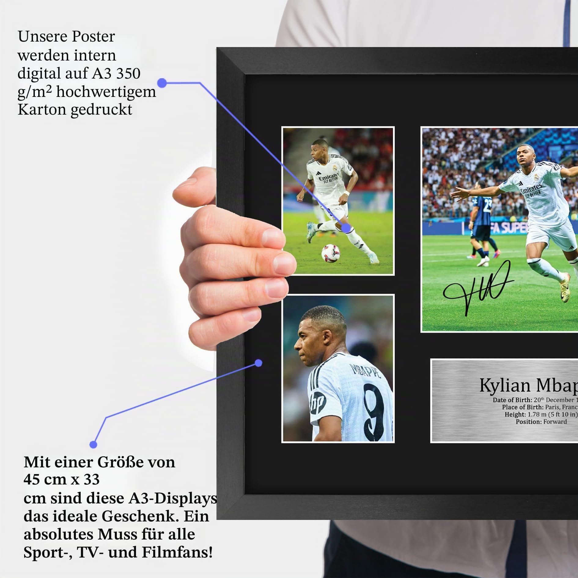 HWC Trading Kylian Mbappe Real Madrid Gedruckte Memorabilien Signiertes Autogramm Fotodisplay für Fußball Anhänger und Fans - A3 Gerahmt