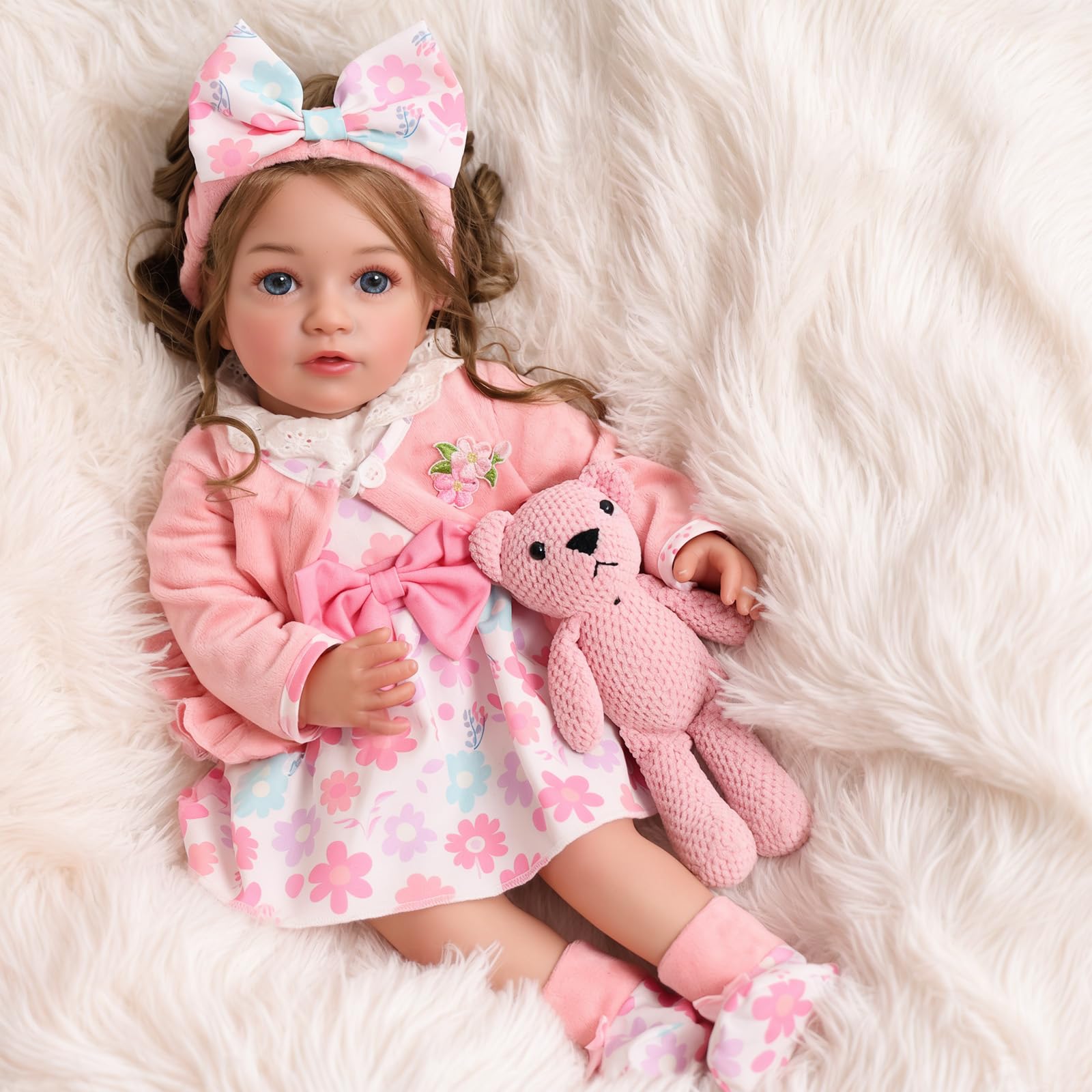 BABESIDE Bambole Reborn Bambina – 20 Pollici Reborn Femmina con Occhi Azzurri & Riccioli Castani, Corpo Morbido in Tessuto, Abito & Accessori per Bambini dai 3 Anni in su