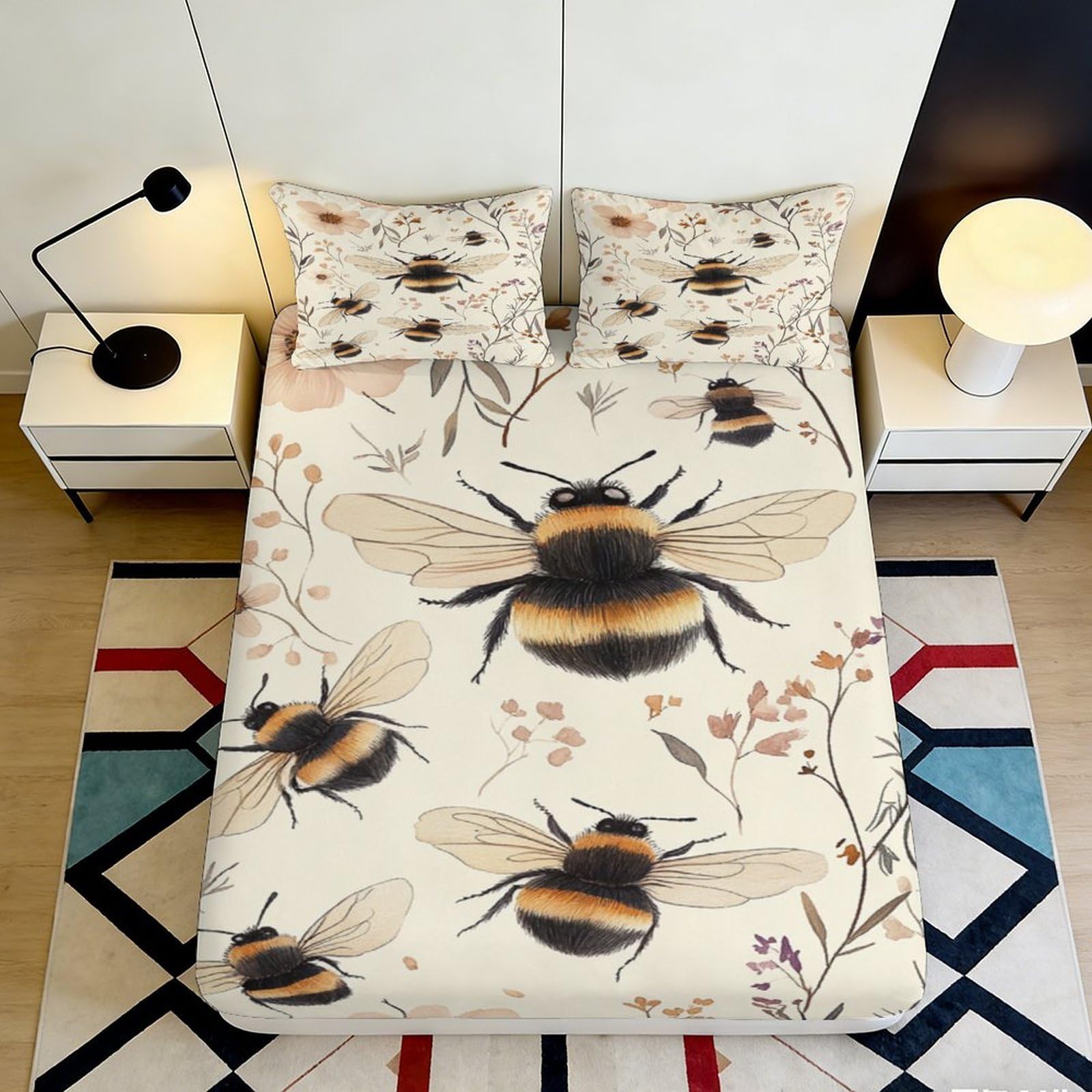 3D Printed Bumblebee Floral Fitted Sheet Microfiber Soft Breathable Bee Meadow Mattress Cover for Bedroom Dorm Mattress Protection Decor 200x200x25cm