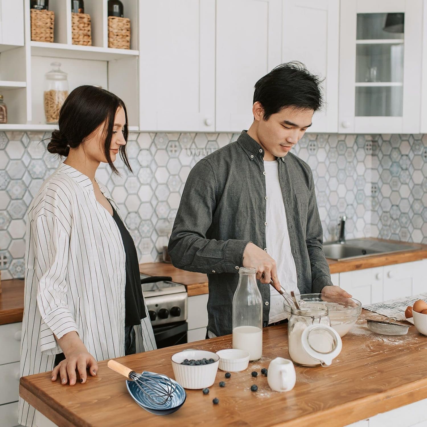 Hasense Spoon Rest Set of 2 for Stove top, Cooking Spoon Holder for Kitchen Counter, Ceramic Utensil Rest for Ladle, Spatula, Tong and Spoon, Heat-Resistant Spatula Holder, Grayish Blue