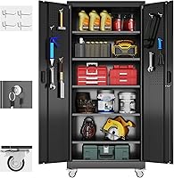 Aobabo Lockable Metal Garage Storage Cabinet with Pegboard Doors, 5 Adjustable 170lb Shelves, Swivel Wheels - Black