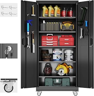 Aobabo Lockable Metal Garage Storage Cabinet with Pegboard Doors, 5 Adjustable 170lb Shelves, Swivel Wheels - Black