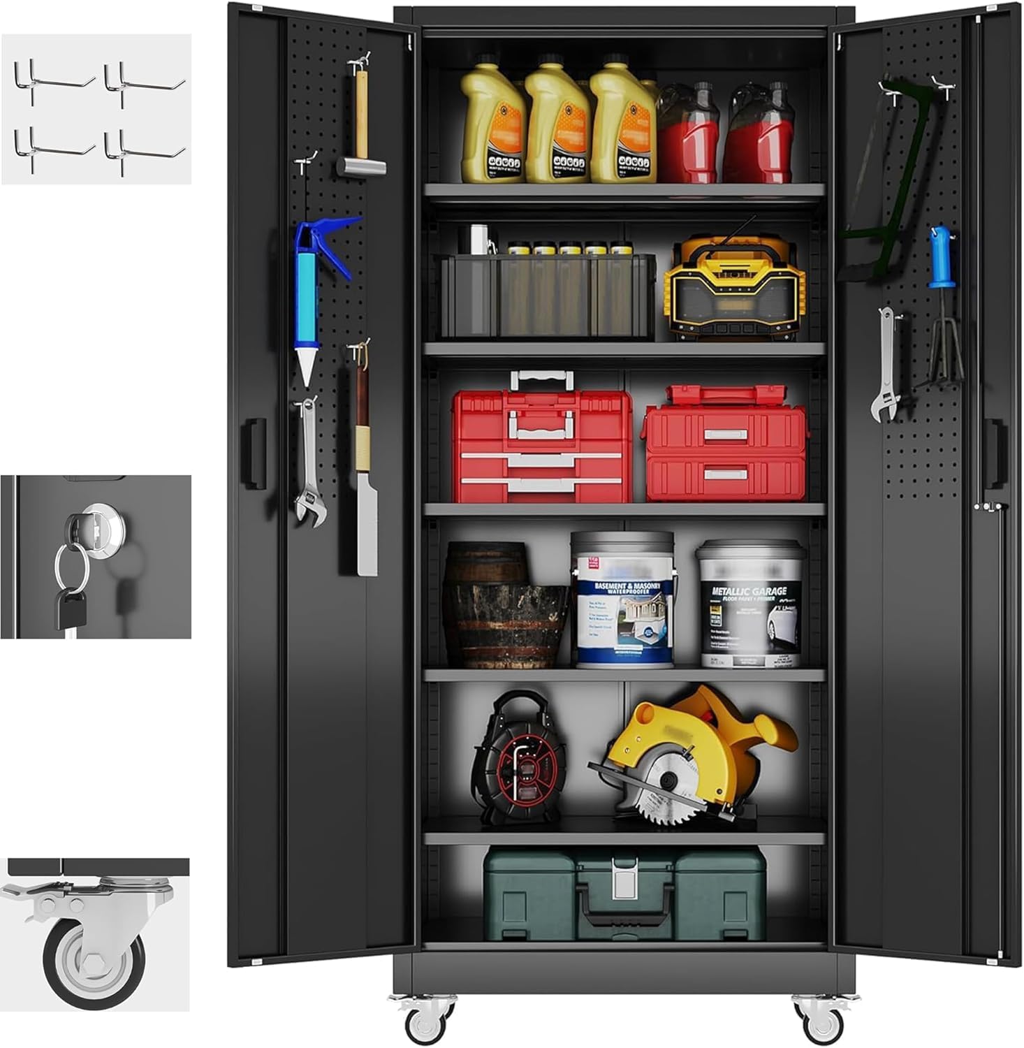 Aobabo Garage Storage Cabinet with Door Pegboard,Lockable Metal Storage Cabinet with 5 Adjustable Shelves for Garage Home,Required Assembly,BlackRecycled Claim Standard 100