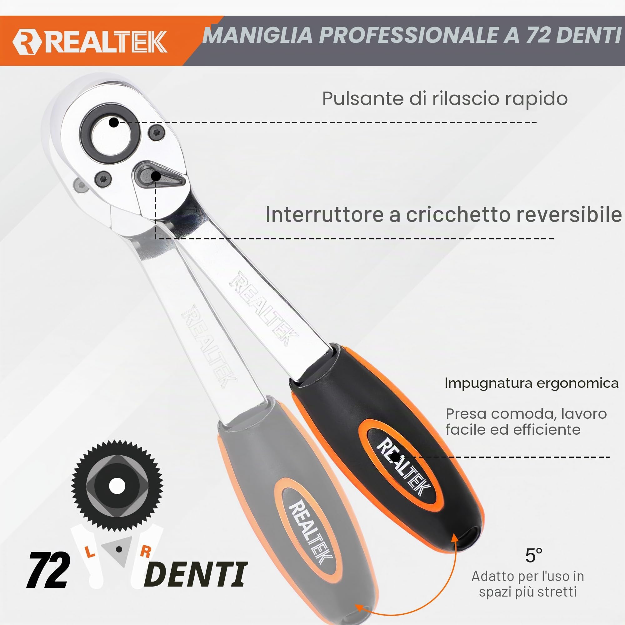 REALTEK Set Chiavi a Bussola, Chiavi a Cricchetto 1/4''+3/8"+1/2'' 178 Pezzi, 72 denti, Cr-V, Adatto per Lavori su Biciclette e Automobili le riparazioni