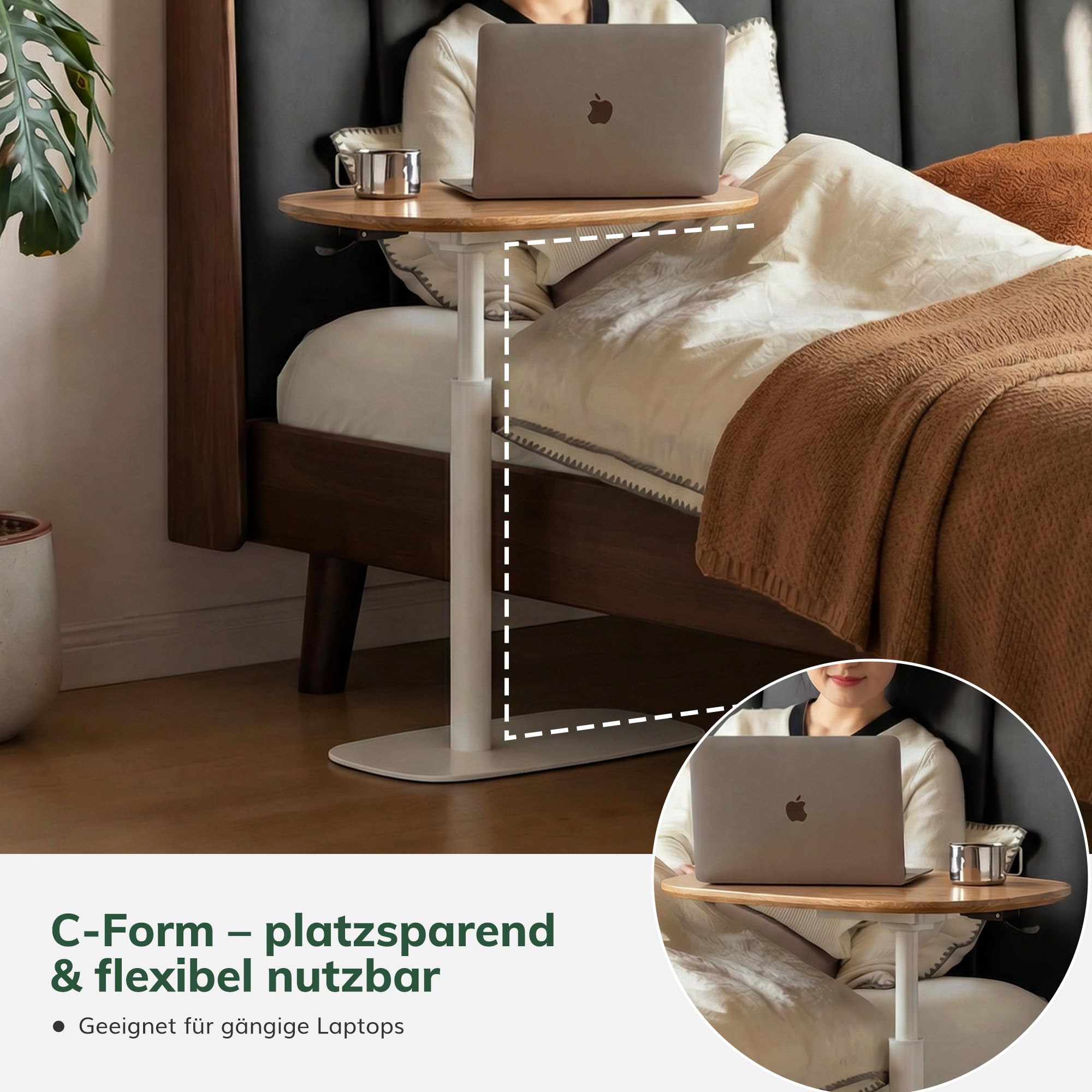 YESWOOD Beistelltisch C-Form höhenverstellbar & 360° drehbar, Couchtisch mit Metallgestell, Sofatisch für Wohnzimmer, Laptoptisch für Schlafzimmer,60 x 40 x 52-78,5 cm, Eiche