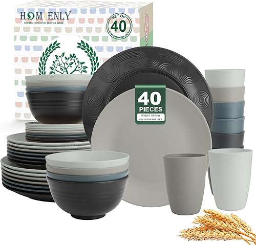 Miniatura 15 de Homienly Juego de vajilla premium de paja de trigo de 40 piezas, servicio para 8, juego de platos y cuencos irrompibles - juego de tazas, platos de