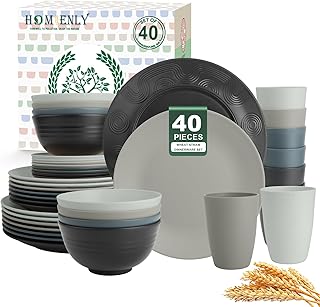 Homienly Premium 40 PCS Wheat Straw Dinnerware Set - Dinner Plates, Cereal Bowls, Unbreakable Cups Set, Microwave and Dishwasher Safe Dishes Set, Reusable Lightweight Dish Sets for Kitchen(Black Grey)