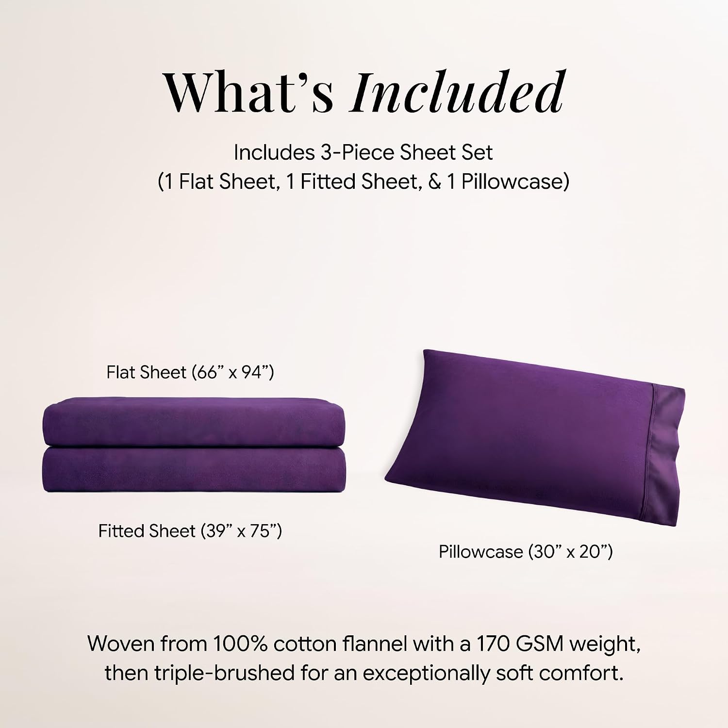 Tribeca Living Triple Brushed Soft Cotton Flannel Sheets Set, Twin Size 170-GSM Weight Extra Deep Pocket Sheet in Solid Purple Color