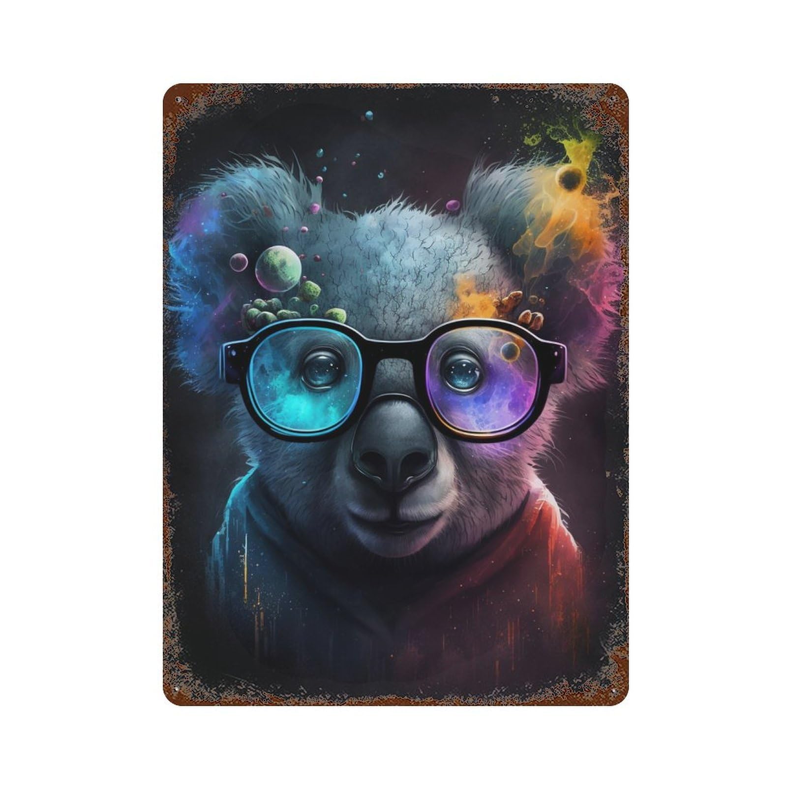 Distressed Metal Wall Sign Cosmic Bear Glasses Art Print 15.7"x11.8", Old School Wall Decor for Bistro, Counter And Cafe Decor