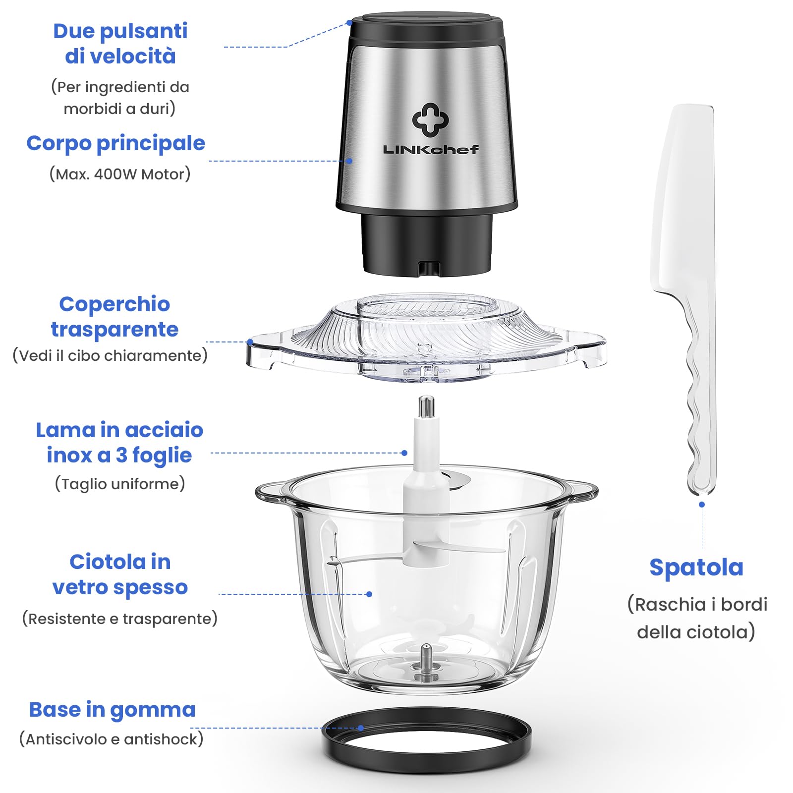 LINKChef Tritatutto Elettrico 1,5L Vetro, 2 Velocità, Lame in Acciaio Inox a 3 Livelli – Mini Robot da Cucina per Carne, Verdure, Frutta, Noci e Alimenti per Bambini