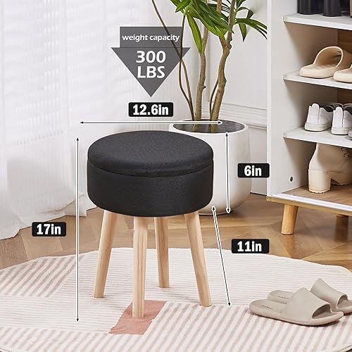 Miniatura 2 de Mxfurhawa Taburete otomano de almacenamiento, taburete redondo de lino, bandeja superior con patas de madera, reposapiés tapizado multifuncional,