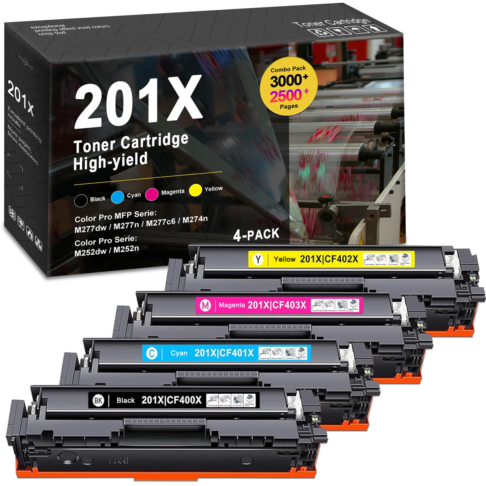 201X Toner Cartridges (4-Pack,Black/Cyan/Yellow/Magenta) Compatible 201X 201A Toner Cartridge Replacement for HP Color Pro M252n M252dw Pro MFP M277dw