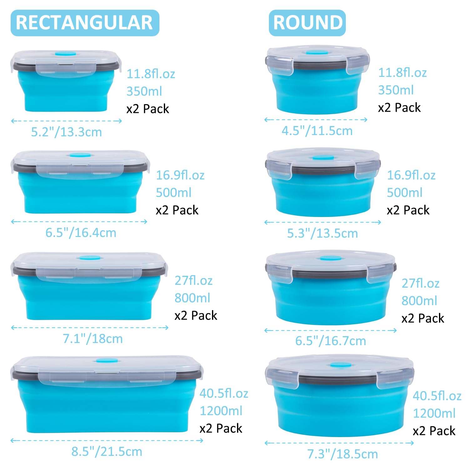 Juego de 16 fiambreras plegables con tapa y rejillas de ventilación, 8 recipientes rectangulares + 8 redondos de silicona plegables, juego de cuencos plegables para microondas y congelador