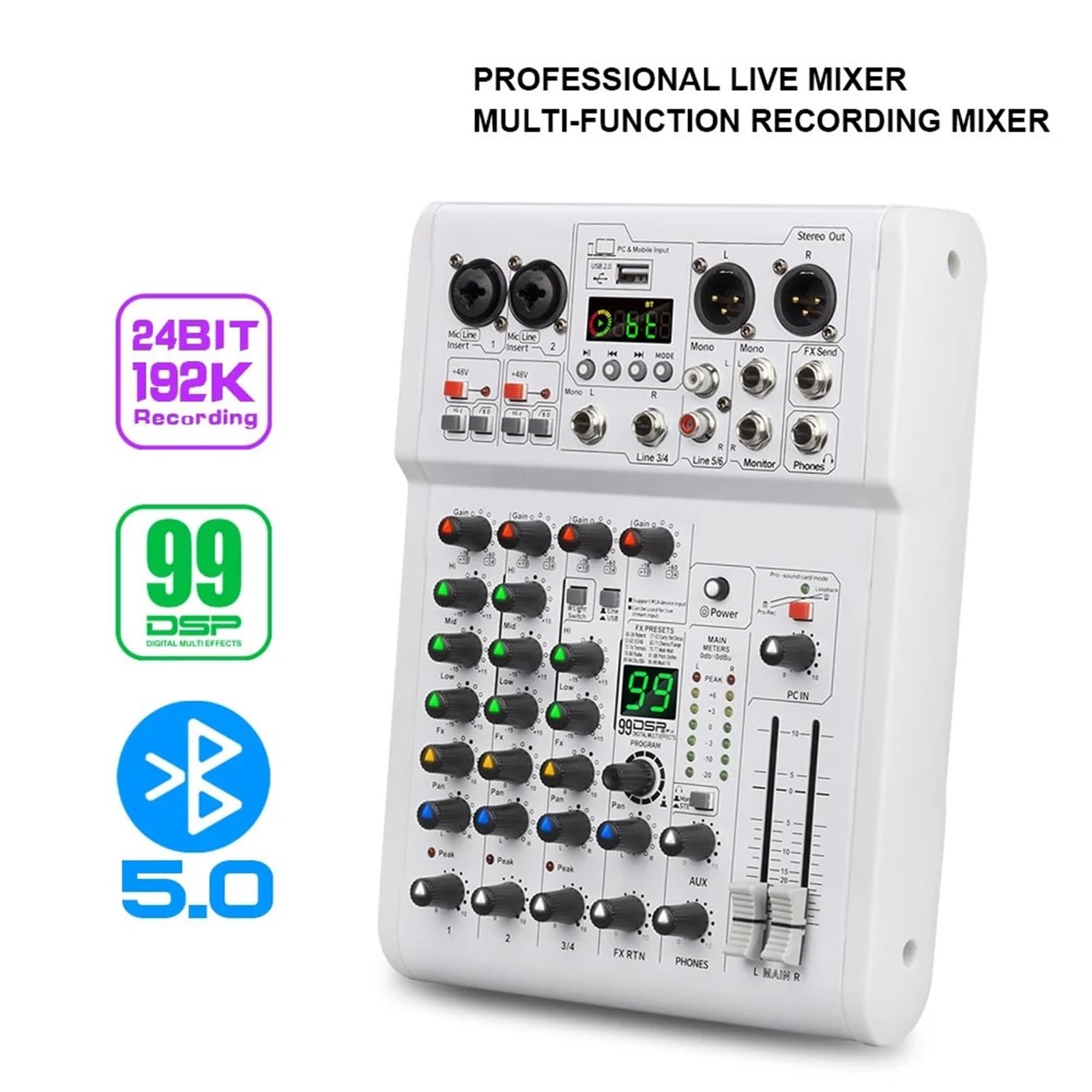 Controller DJ, Mixer, mixer DJ con 5.0 BT, riverbero digitale DSP 99, registrazione USB, qualità da studio 24 bit/192 kHz for studio, live