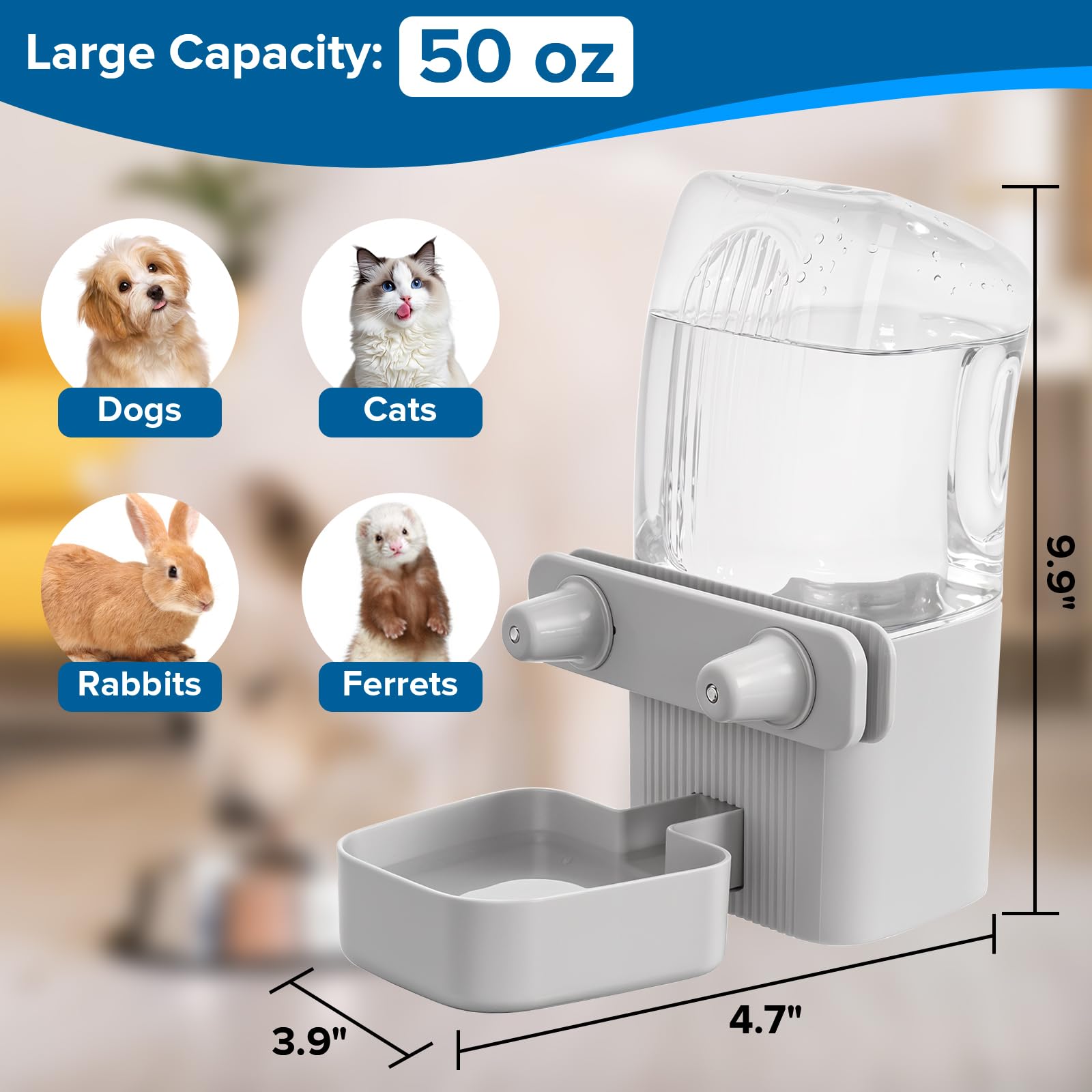 Kenond Distributore d'acqua per conigli, dispenser per cani a gravità per gabbia, bottiglia d'acqua automatica per furetti, gatti, cani e altri animali, compatibile con gabbie a bocca larga, gabbie