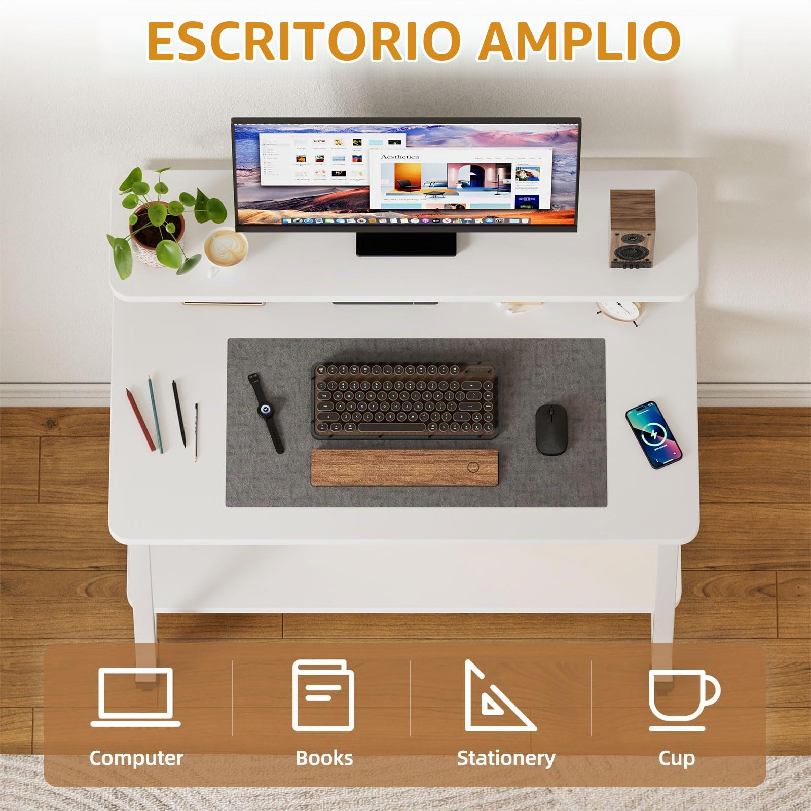 Mesa para Ordenador con 4 Ruedas Estación de Trabajo para Computadora con Estante Stable Escritorio en Forma de H Mesa para portátil Escritorio Pequeño para Oficina en Casa 80x50x90CM (Blanco)