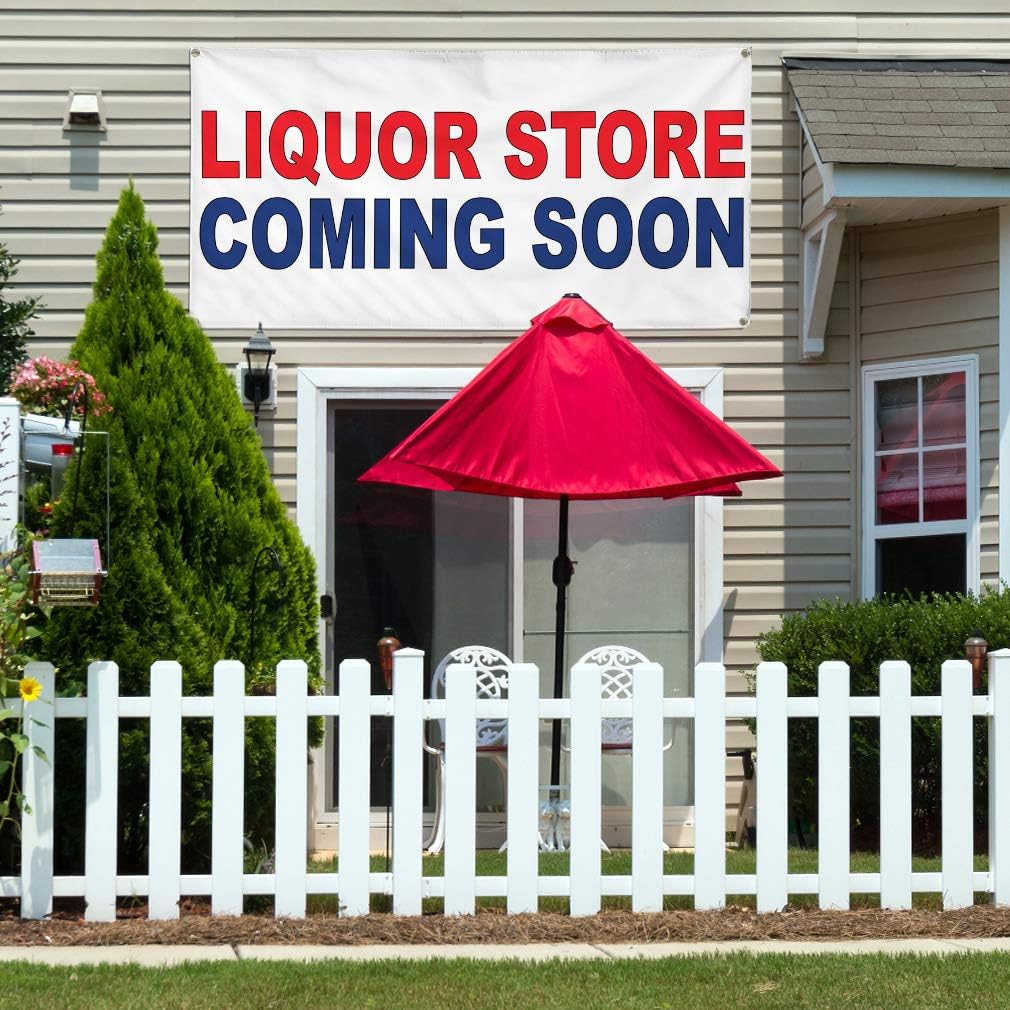 Vinyl Banner Multiple Sizes Liquor Store Coming Soon Red Blue Business Outdoor Weatherproof Industrial Yard Signs 4 Grommets 24x48Inches